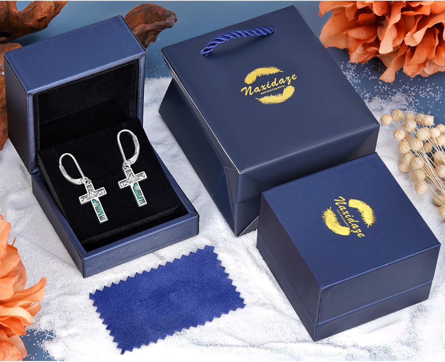 Genuine Turquoise Cross Earrings 925 Sterling Silver Turquoise Earrings Vintage Western Mountains Cross Turquoise Jewelry for Women