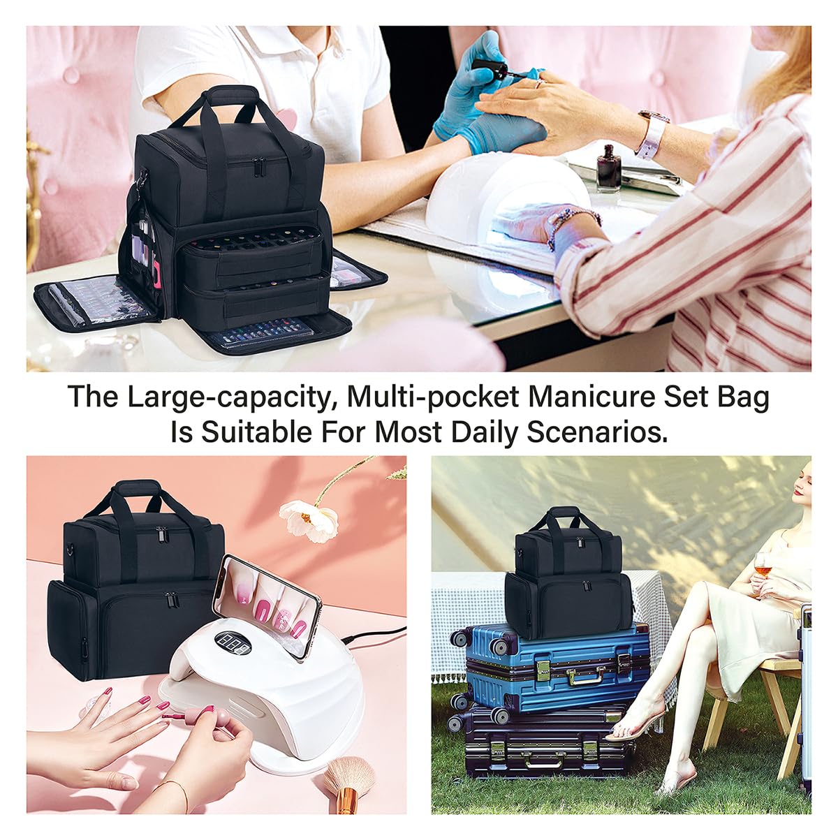 Nail Polish Organizer Case Holds 80 Bottles & Nail Art Lamp,Portable Large Capacity Storage with 2 Removable Bags Store Nail Art Tools,Suitable for Manicurists and Manicure Enthusiasts(Black)