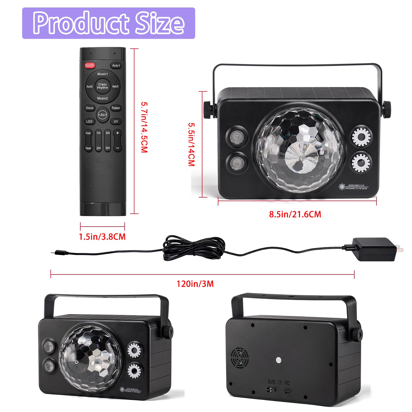 Boule disco lumineuse pour fête DJ Disco lumières LED stroboscopiques activées par le son avec télécommande pour fêtes de Noël, club, bar, cadeau d'anniversaire, rave, vacances, Noël, salle de danse