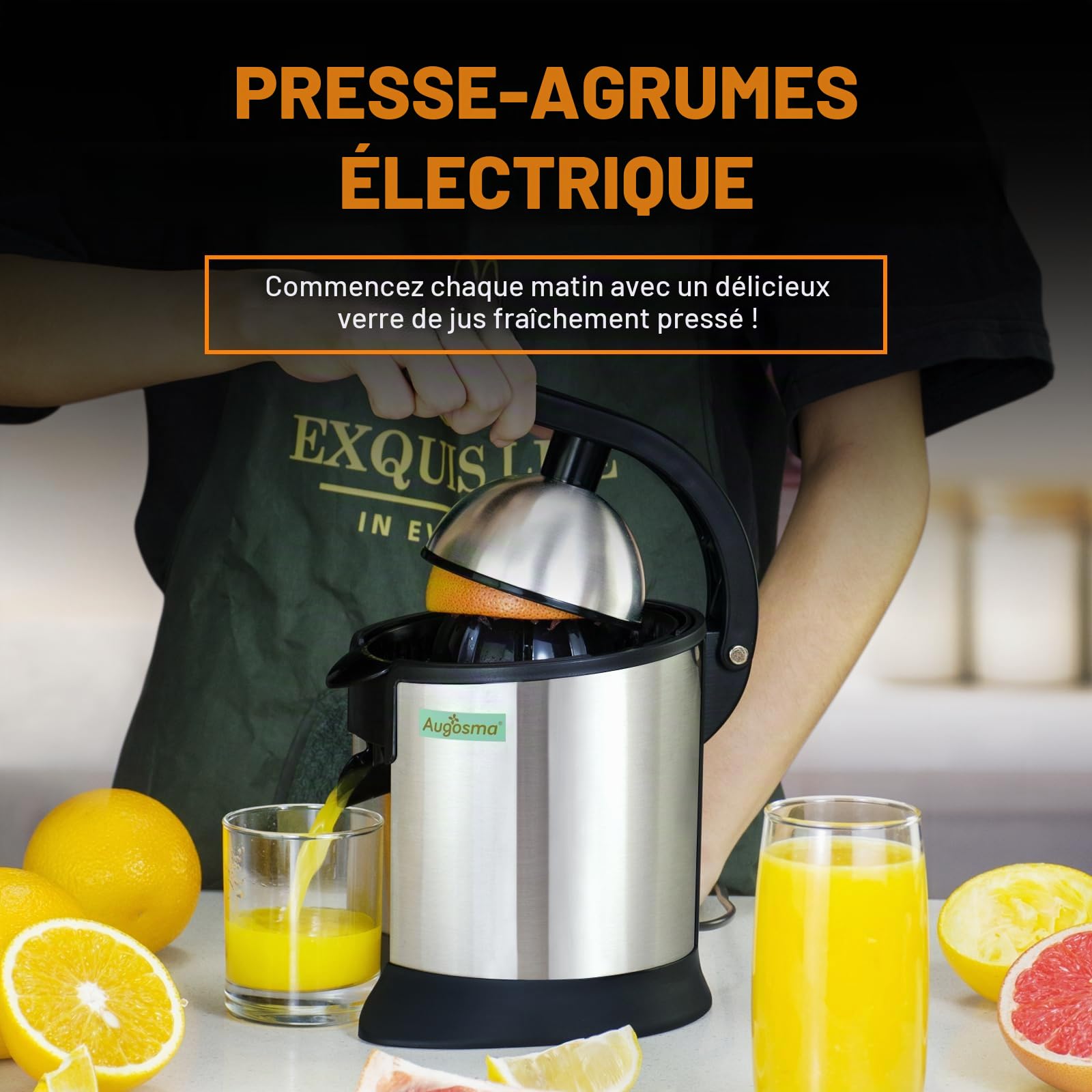 Presse-agrumes électrique de haute qualité, adapté aux oranges, citrons et pamplemousses, acier inoxydable brossé, facile à nettoyer et à utiliser (noir+argent)
