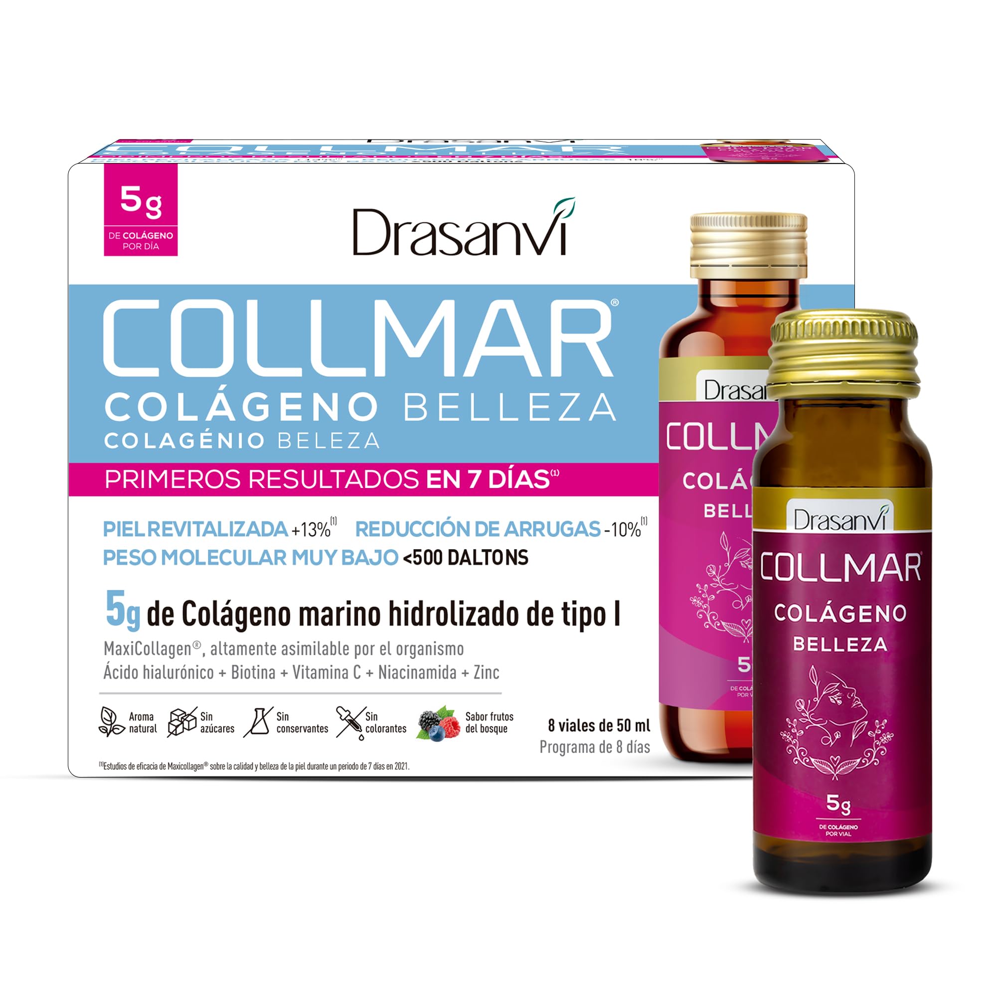 Colageno Liquido Bebible Collmar Belleza| Colágeno Hidrolizado|Reduccion de arrugas| Piel revitalizada| Colageno marino, Ácido Hiaurónico + Vit. C |Collagen Frutos del Bosque |8 Shots 50 ml DRASANVI