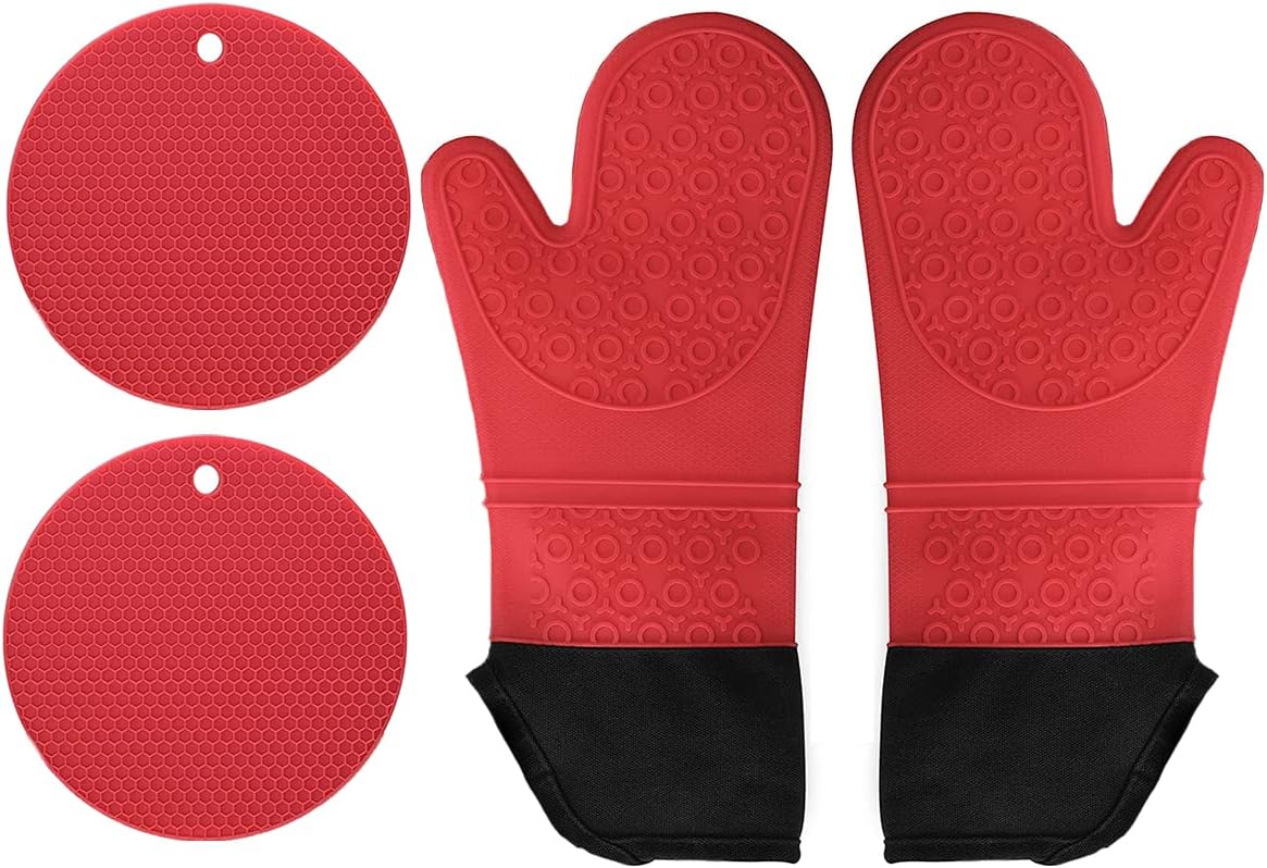 Extra Long Heat Resistant Silicone Oven Mitts Heavy Duty Cooking Gloves and Hot Pads Potholders for Kitchen Baking Cooking, 4-Piece Set, 14.7 Inch Red