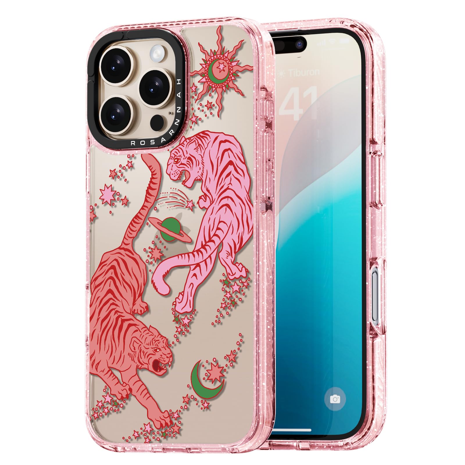Rosarnnah for iPhone 16 Pro Case Cute - Durable Shockproof 6.6 ft Drop Impact Phone Case - Funny Tiger Design (6.3") Glitter Pink