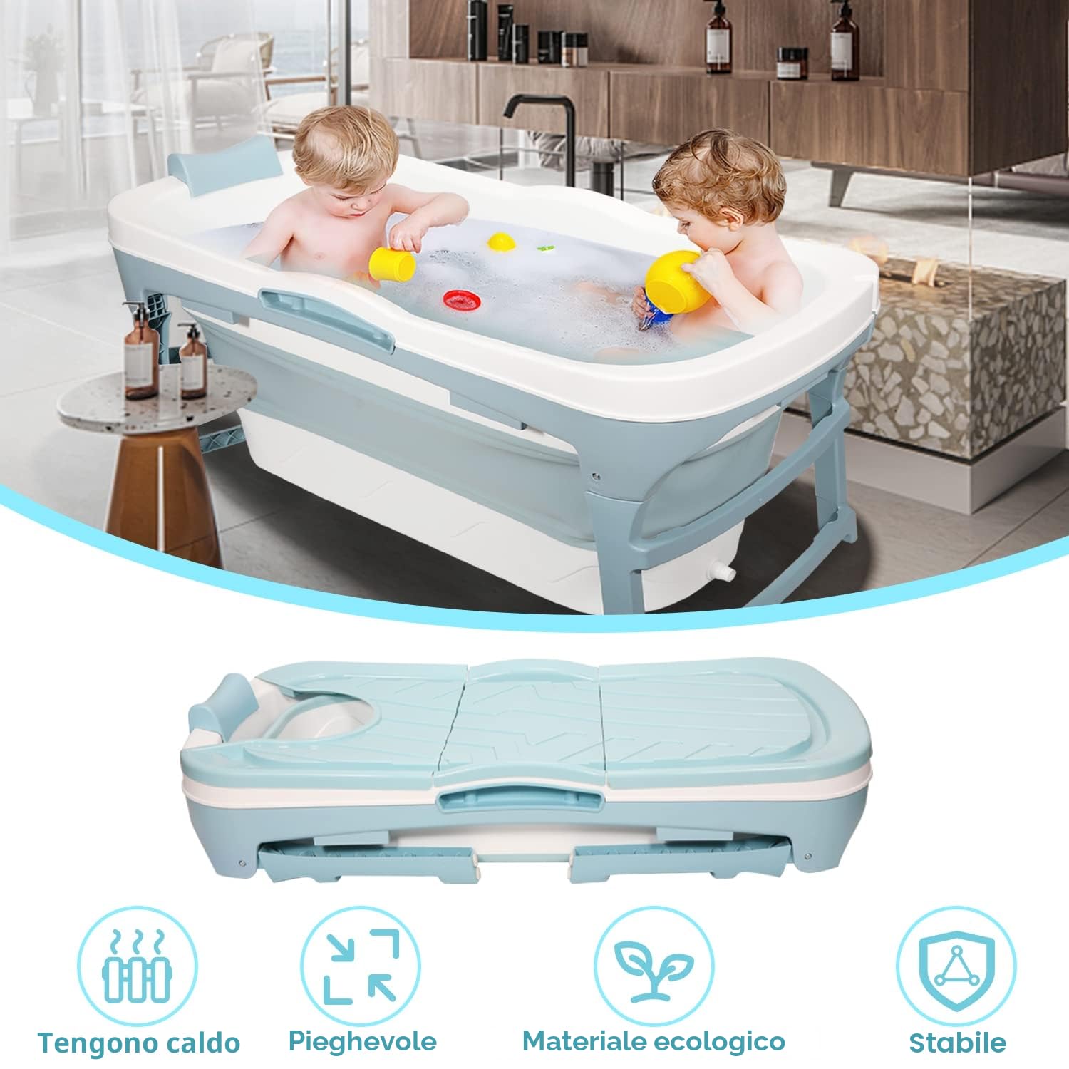 Vasca da bagno pieghevole per adulti, adatta per bagno, doccia e balcone. Ideale per bagni piccoli, dotata di cestino per il sapone e cuscino cervicale, pratica e portatile (118, blu)