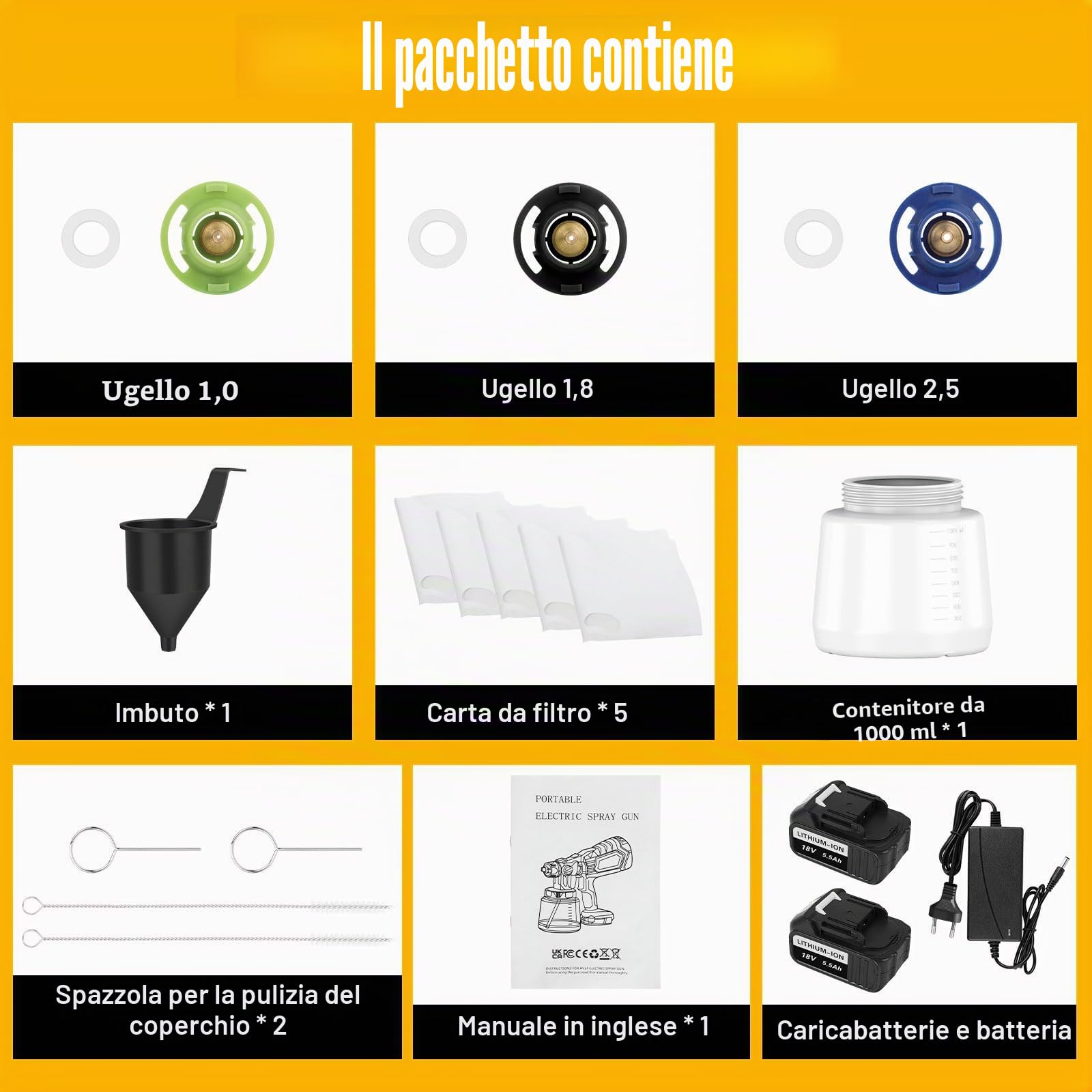 ASUNCELL Pistola Elettrica per Verniciatura, Sistema di Verniciatura a Spruzzo a Batteria con 2X Batterie da 5500mAh, Serbatoio da 1000ml, 3 Ugelli e 3 Modalità di Spruzzo