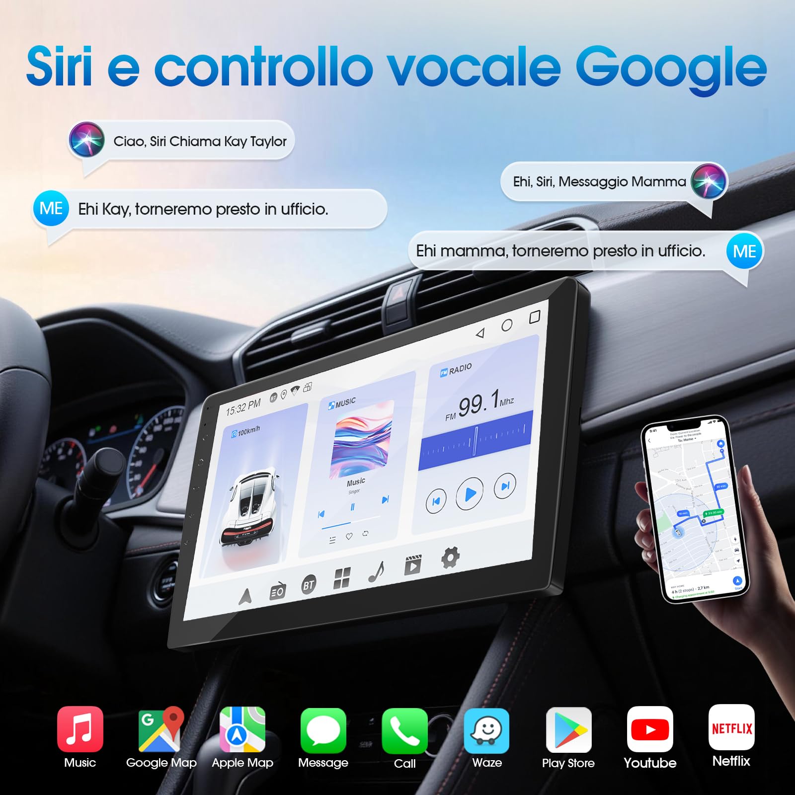 Haudio Autoradio 2 Din con Apple CarPlay e Android Auto, Schermo da 9 Pollici con Telecamera di Retromarcia HD, Navigazione Bluetooth,Controllo Vocale,Mirror Link, FM/AM/AUX per Tutti i Veicoli 2+64GB