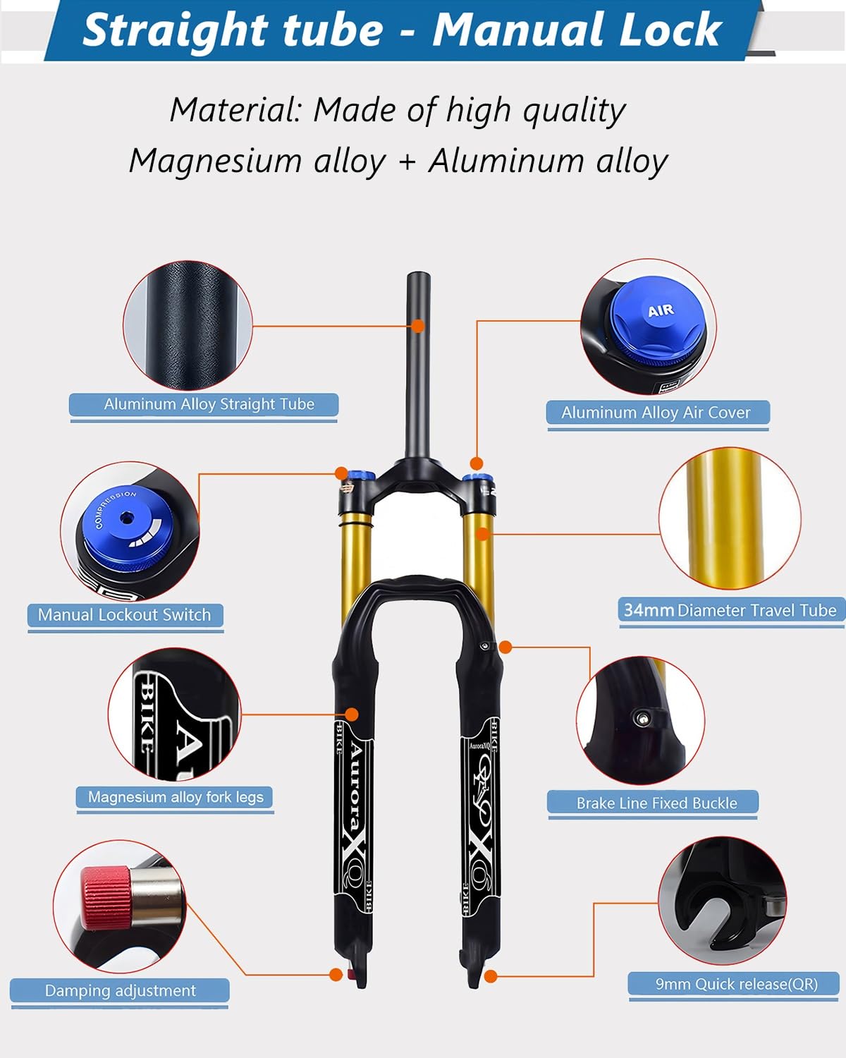 AuroraXQ Downhill Fahrrad MTB Luft Federgabel 26/27,5/29 Zoll Gerade/Konisch, Federweg 160mm 1-1/8" Aluminiumlegierung für Mountainbike, AM, XC, DH(Straight Manual,26 Zoll)