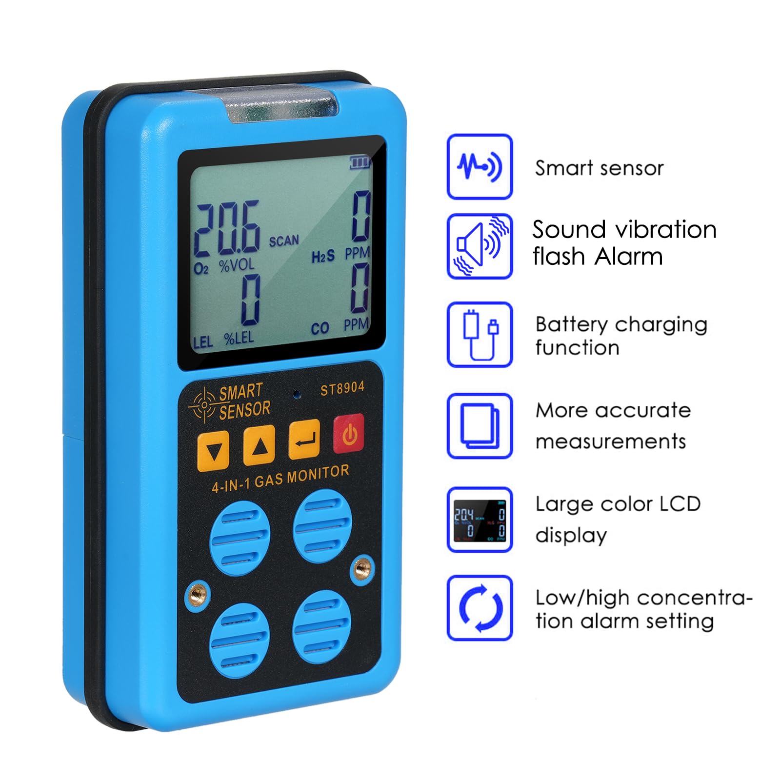 Sensor Inteligente 4 en 1 Monitor de Gas, Detector de Gas portátil Recargable, H₂S O₂ Co y Monitor de Gas Lel