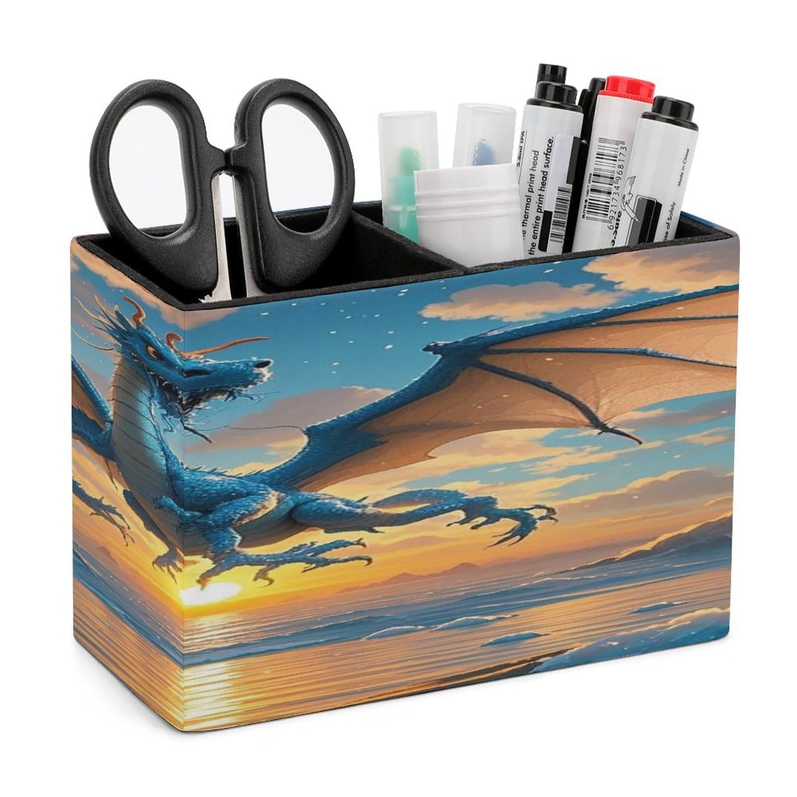 LZQPOEAS Sea Sunset Flying Dragon Leather Pen Holder with 2 Compartments Luxury Pencil Holder Minimalist Pencil Cup Brush Scissor Holders Elegant Pen Cup for Office Home Desk Accessories