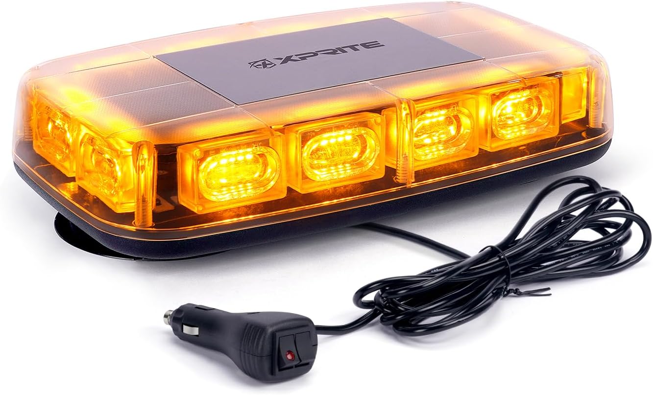 Amber LED Rooftop 12" Mini Emergency Strobe Lights Bar, 15 Flashing Modes Hazard Warning Caution Beacon Light Magnetic Base for Safety Tow Truck Construction Vehicles Postal Cars Snow Plow