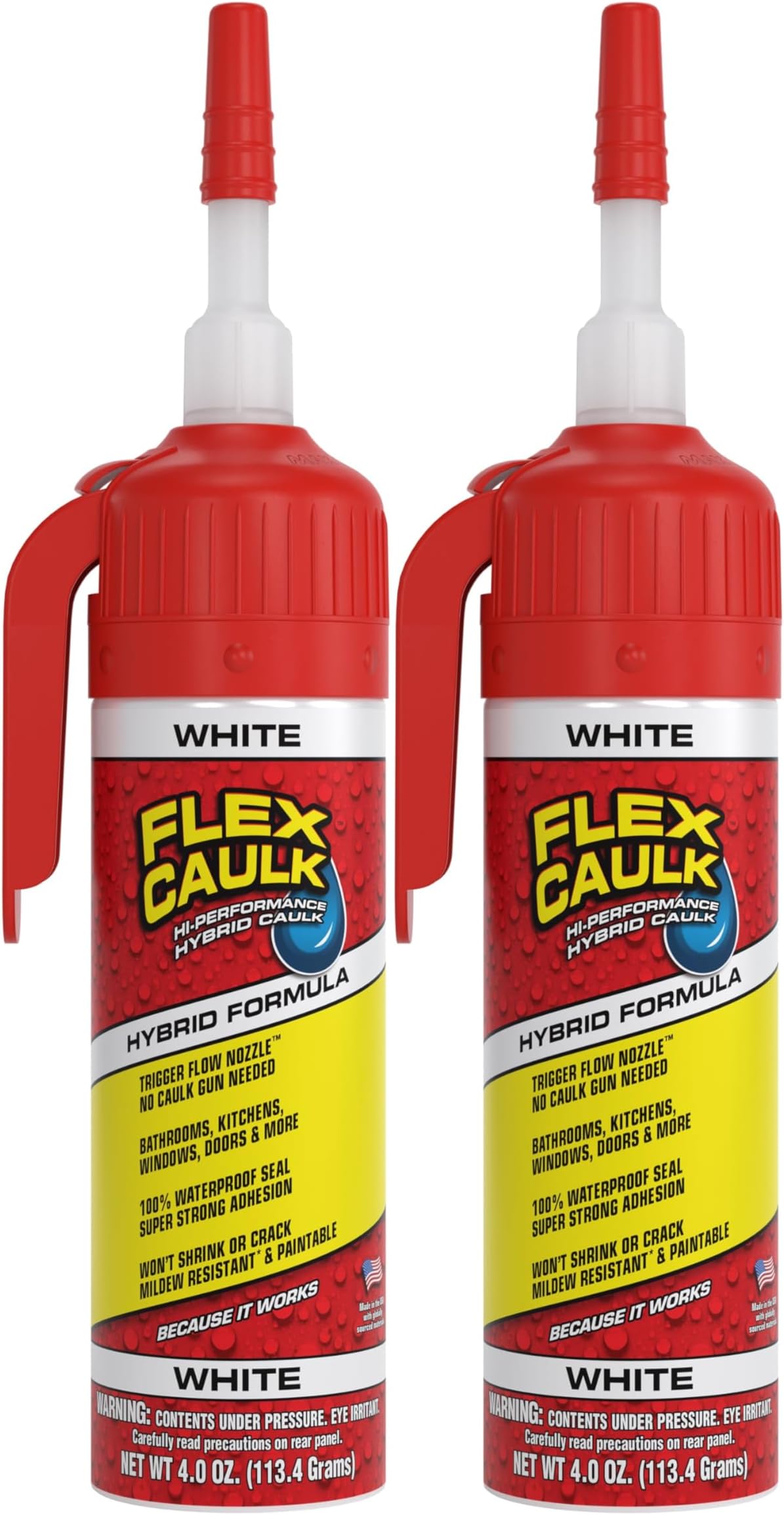 Flex Caulk, Waterproof & Weatherproof Hybrid Polymer Sealant, Strong, Paintable, Indoor, Outdoor, Bath, Shower, Sink, Window, Baseboards, Door, RV, Roof, Wood, Auto & Marine, White, 4 oz, 2-Pack