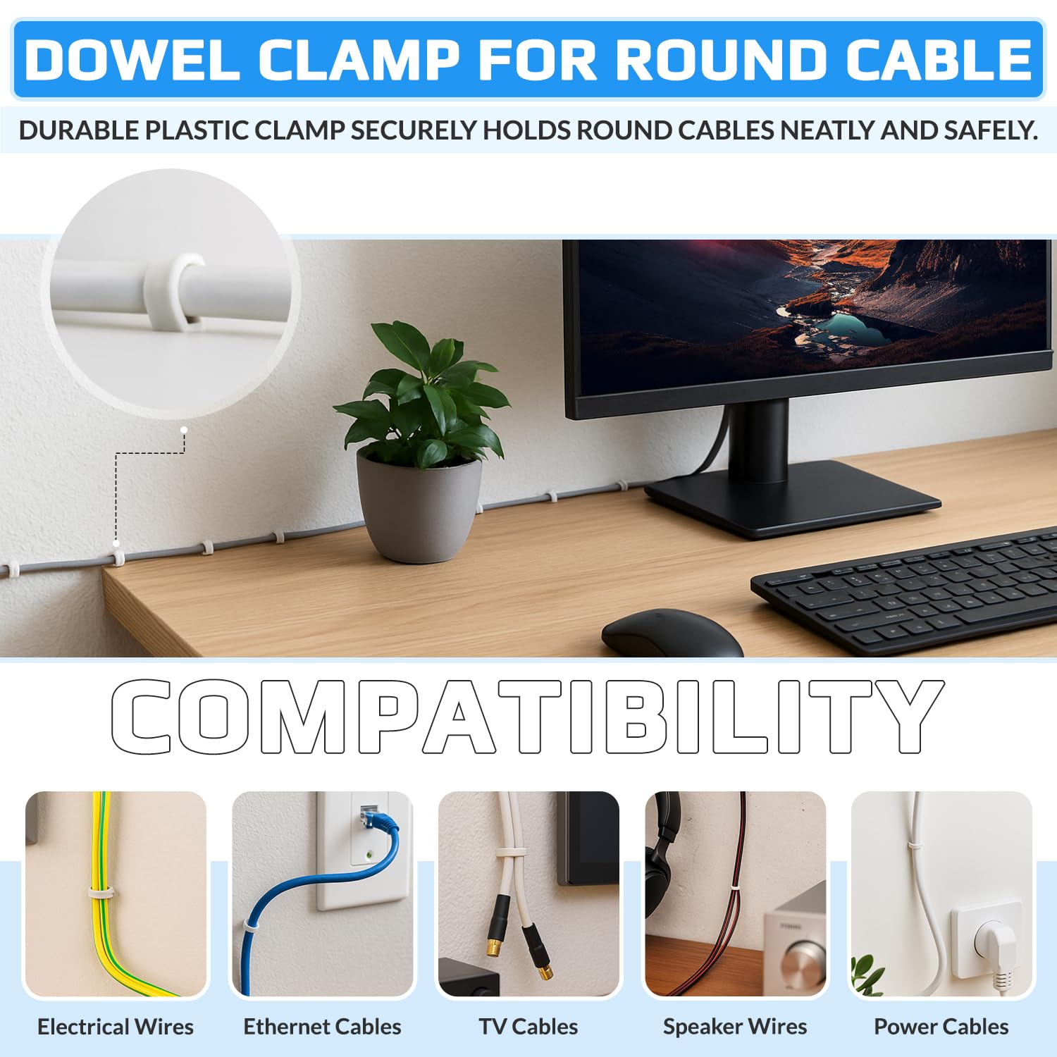 Keple Abrazadera para Cable Redondo (Paquete de 100) Clips de Material Plástico Blando Abrazadera de Cable Clips Lines Clamps Cable Eléctrico de Pared para el Cable de Ethernet Tamaño (3mm x 13mm)