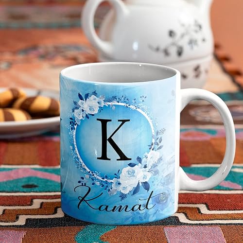 Miniatura 2 de Taza de café personalizada con nombre y letra inicial, monograma con diseño floral azul del alfabeto, taza de café blanca con inicial del alfabeto,