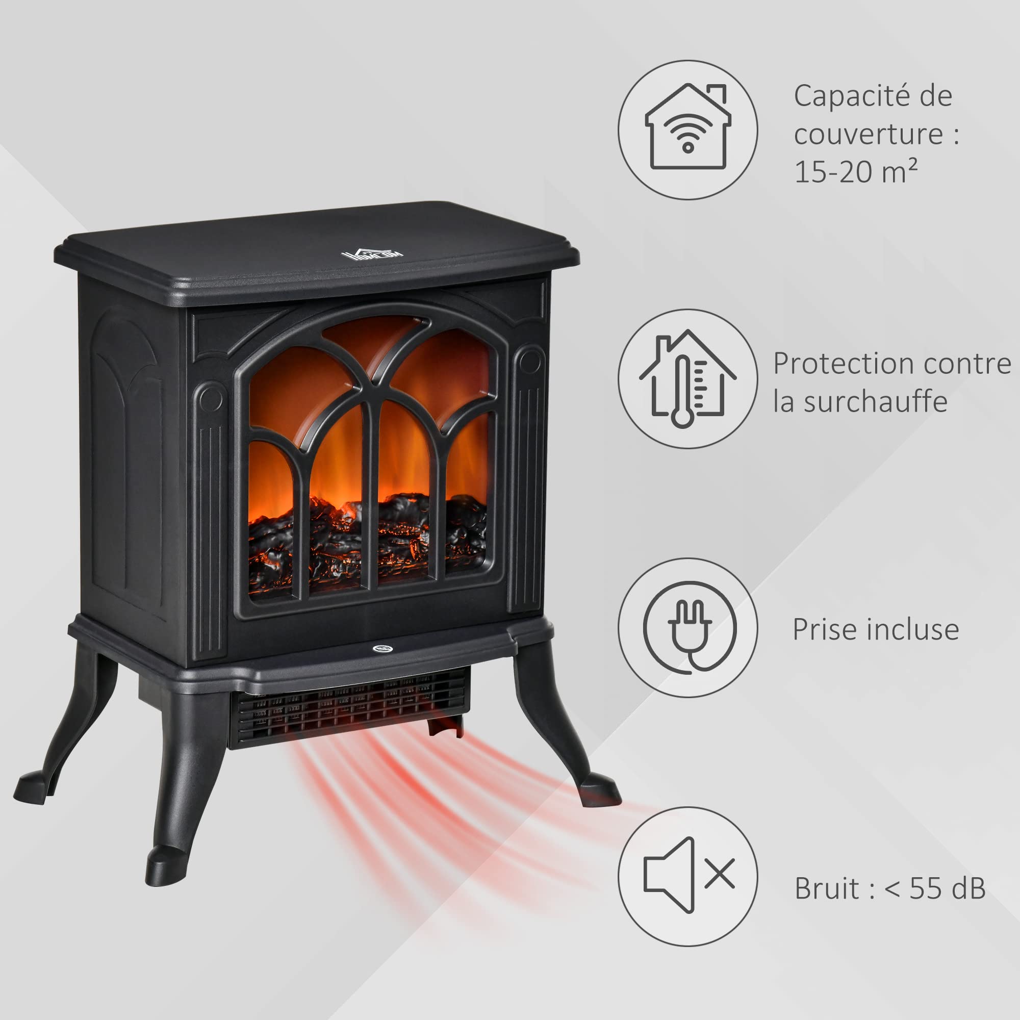 HOMCOM Cheminée électrique sur Pied 750/1500 W, Fausse cheminée décorative avec Effet Flamme LED, Protection Contre la surchauffe, Zone de Couverture 15-20 m², Noir