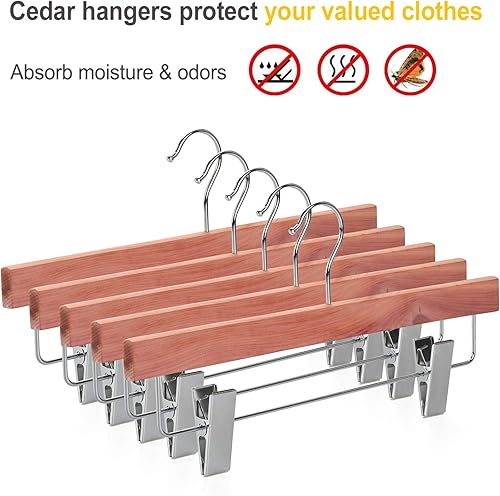 Miniatura 5 de TOPIA Hangger - Juego de 10 pantalones de madera natural de cedro rojo americano con pinzas ajustables antiarrugas de metal, ganchos cromados 360