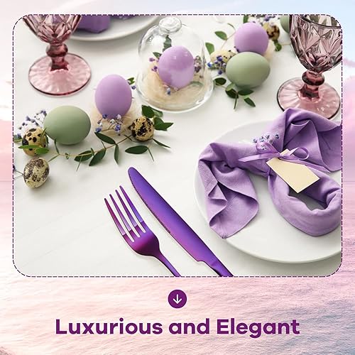 Miniatura 5 de Juego de cubiertos morados de 50 piezas para 10 cubiertos de acero inoxidable, juego de cubiertos de metal, incluye cuchillos, tenedores, cucharas