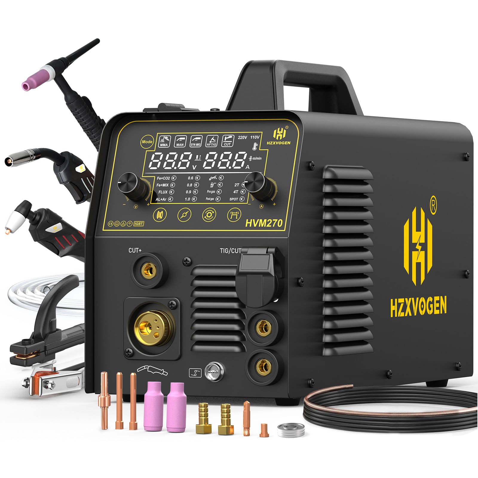 H HZXVOGEN Combo de soldador de cortador de plasma de 200 A, 7 en 1 de gas MIG/núcleo de flujo sin gas MIG/Pulse MIG/HF TIG/Stick/Cut/Spot, máquina de soldadura de aluminio de 110/220 V, soldadora