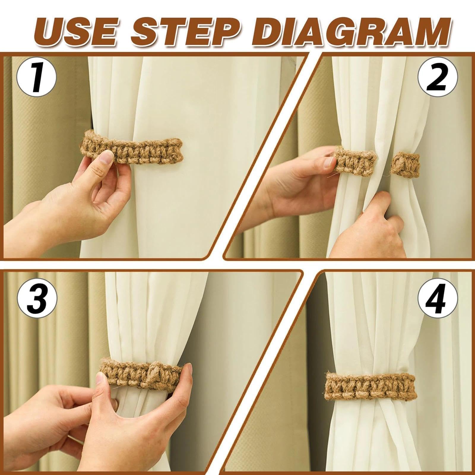 Lot de 4 Crochets de Rideaux tressés bohèmes, Articles de Maison élégants et compacts, Accessoires de Rideaux rustiques élégants, Accessoires décoratifs Faits à la Main pour Maison/Chambre à Coucher