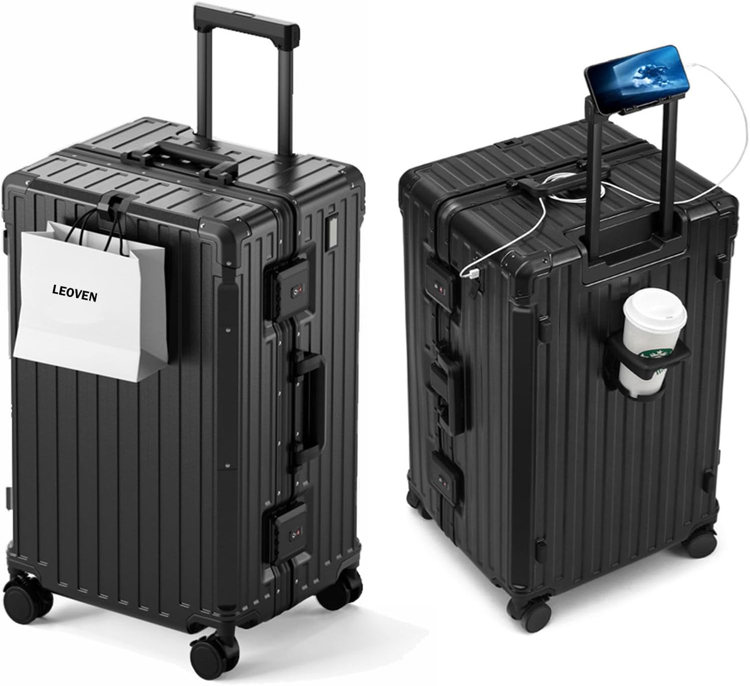 LEOVEN Hardside Luggage, LS-0683 PC Hard Shell Suitcase with Cup Holder, USB, Type-C, 3:7 Ratio, Large Capacity, Aluminium Frame, TSA Customs Lock, 360° Double Wheels with Brake and Shock Absorber