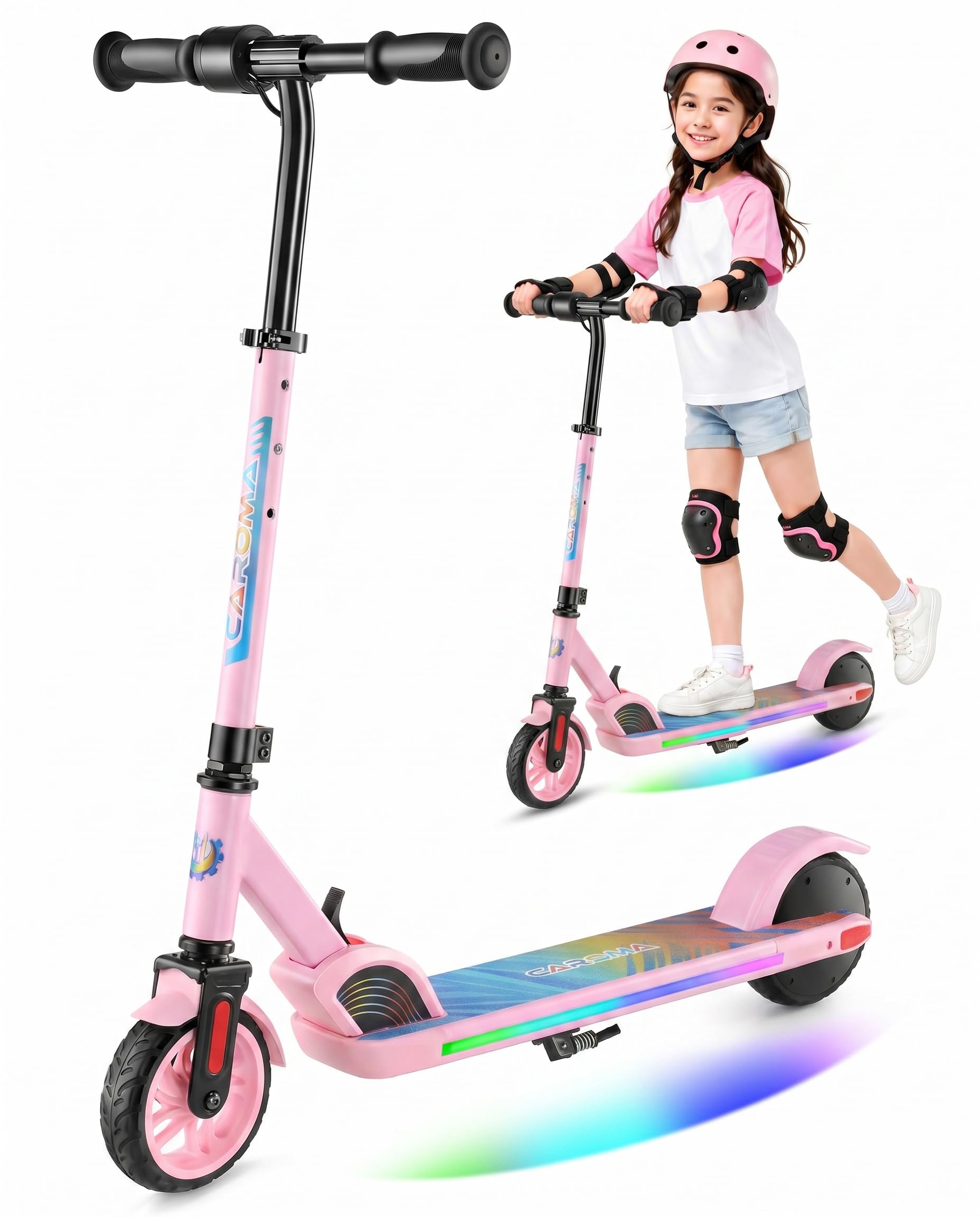 Caroma Elektroroller für Kinder von 6-12 Jahren, 150W Motor bis 16 km/h E Scooter, Faltbarer E Roller mit Bunte Leuchten  LED-Display，80 Min. Fahrzeit, Einstellbare Geschwindigkeit  Höhe