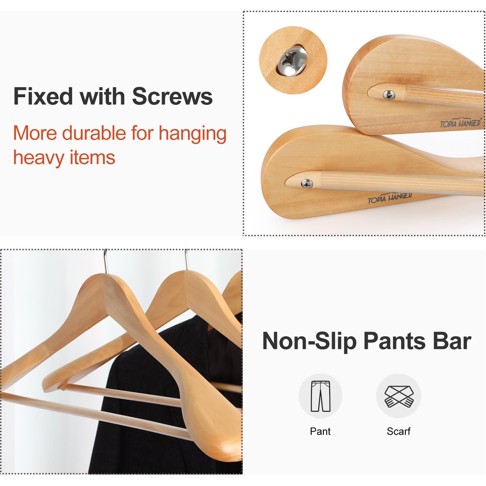 TOPIA HANGER Kleiderbügel aus Holz, breite Schulterbügel, Anzugbügel mit rutschfester Hosenstange und 360° drehbarem Haken, massives Holz, robuster Kleiderbügel, 6 Stück (Natur) - CT02NA