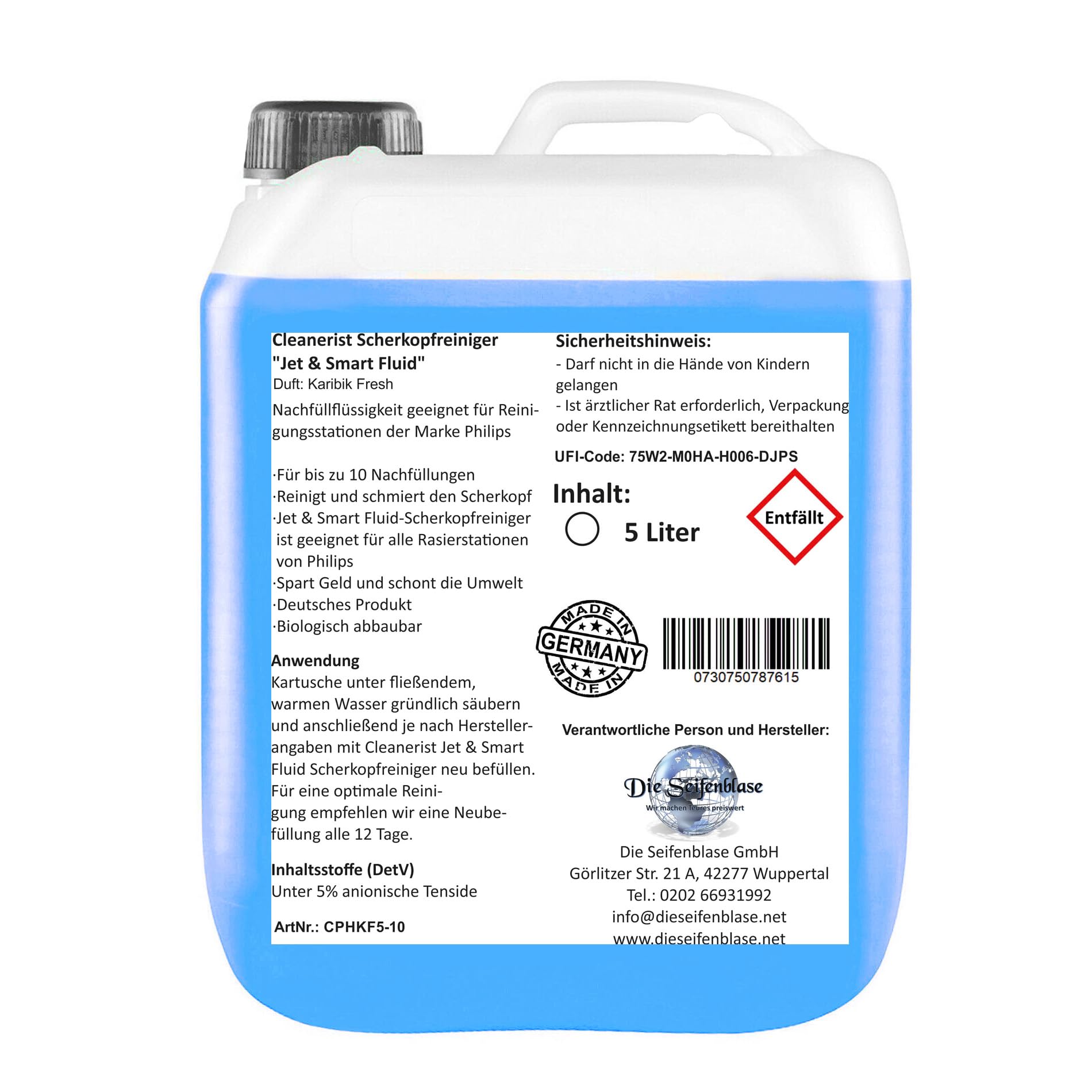 Cleanerist | 5L Scherkopfreiniger Nachfüllflüssigkeit für Philips Quick Clean Kartuschen (z.B. Series 3/5/7/9000) im Kanister mit Auslaufhahn – zum Nachfüllen von 50 Reinigungskartuschen (CC13/CC16)