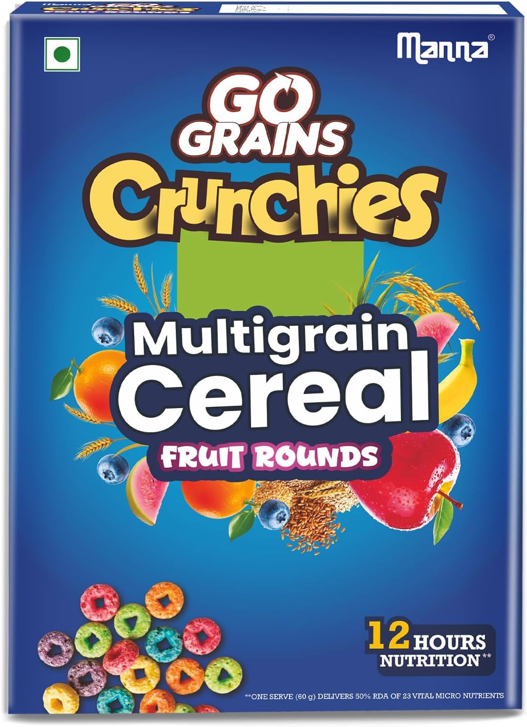 Manna Fruit Rounds Multigrain Breakfast Cereal for Kids. No Maida, Made with 9 Grains. Fortified Cereal with 50% RDA of 23 Essential Vitamins and Minerals in every bowl. 250g