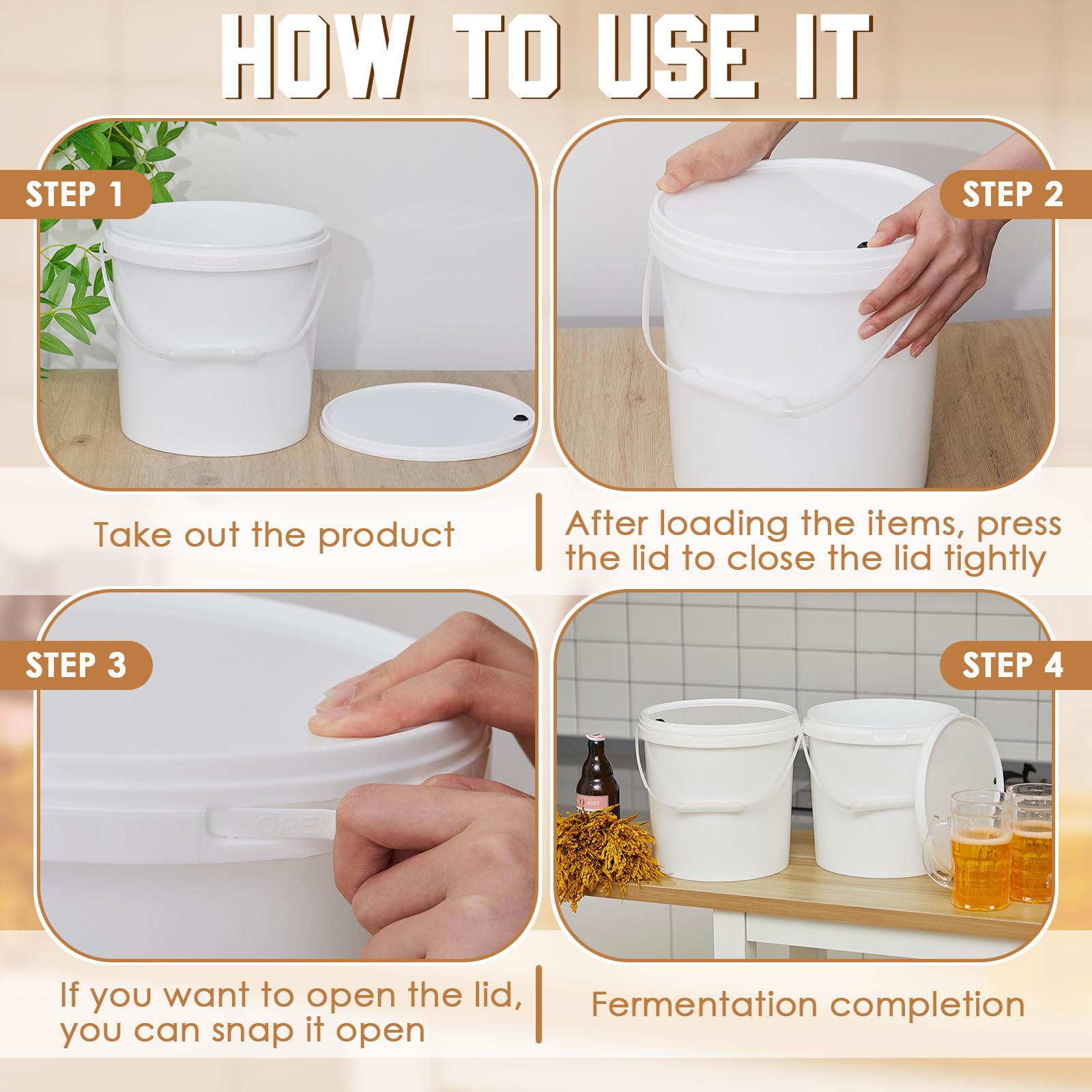 Hushee 6 cubos de fermentación redondos de 2 galones con tapa, sin BPA, fermentador de vino casero de grado alimenticio para cerveza, hidromiel, sidra, bebida fermentada, color blanco