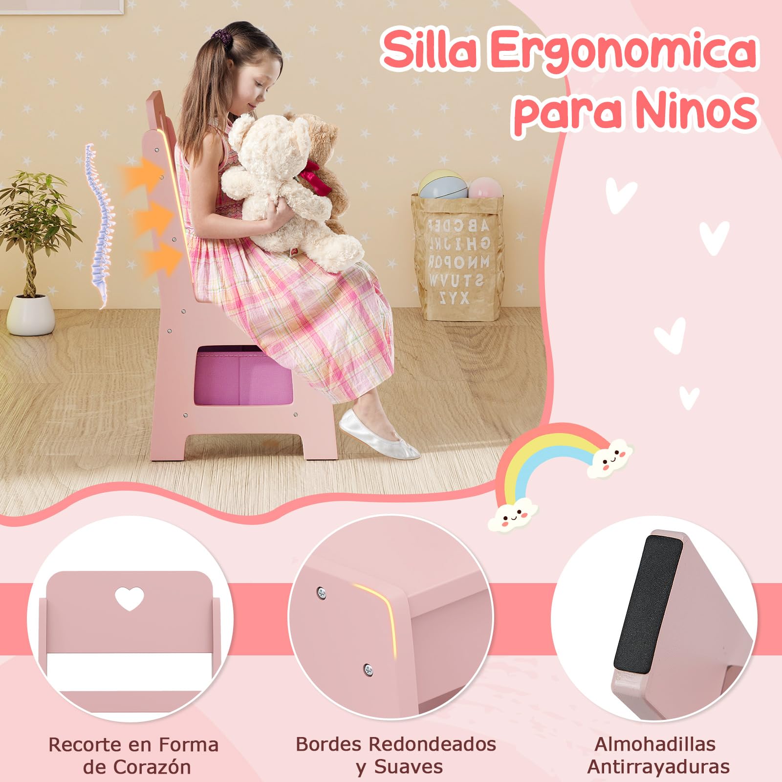 COSTWAY Tocador Niña con Espejo y Luces, Tocador de Maquillaje Niña con Estantes Abiertos, Soporte para Joyas, Estantería de 2 Niveles y Caja de Tela, Mesa de Maquillaje para Niñas de 3+ Años (Rosa)
