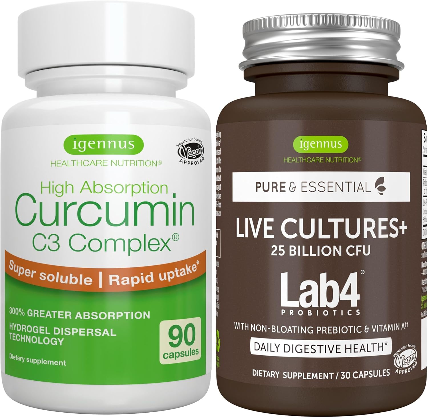 Live Cultures+ Lab4 Probiotics + High Absorption Curcumin C3 Complex Vegan Bundle, 25 Billion CFU Probiotic, Non-Bloating Prebiotic + 300% Greater Absorption Curcuminoids with Rapid Uptake, By Igennus