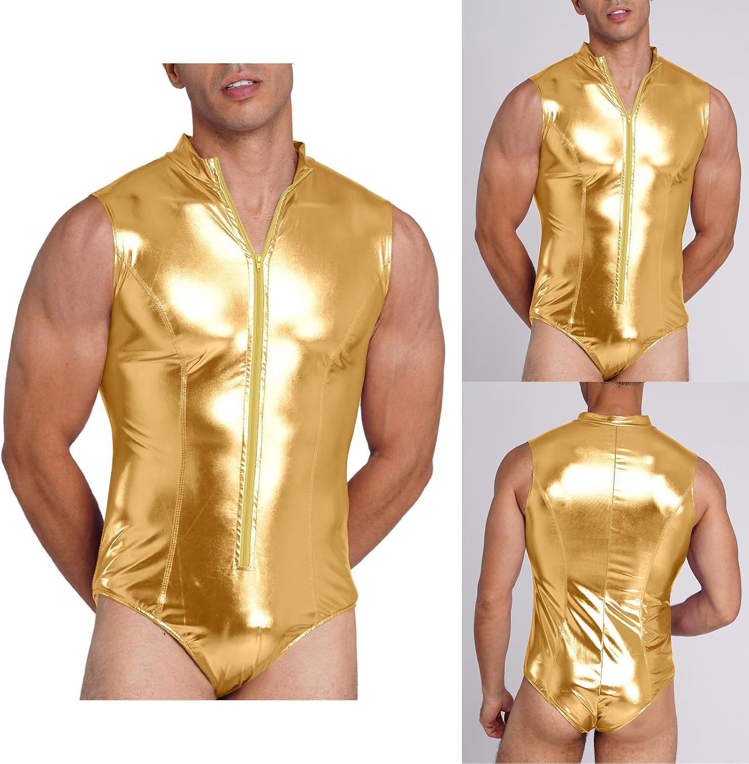 Men One Piece Swimsuit Robot Outfits Short Rompers | Spandex Catsuit,Athletic Romper,Tank Bodysuit,Front Zipper Closure,Stand Collar Mock Neckline,Ballerina Costume