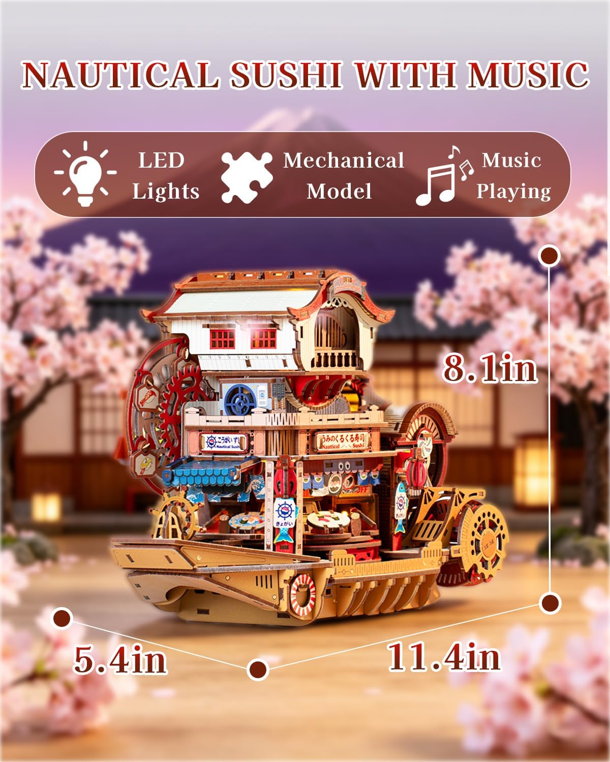 OZJAY 3D Puzzle for Adults Nautical Sushi 3D Wooden Puzzle Creativity Gift | 425PCS Mechanical Model, DIY Building Kit with Music & Warm LED, Home Decor, Miniature House Kit for Christmas Birthday