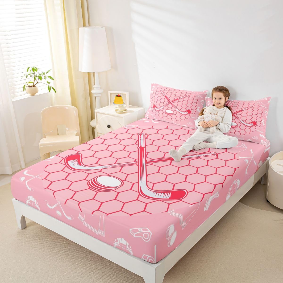 Erosebridal Girls Fitted Sheet Queen Size Pink Ice Hockey Bedding Set Cute Geometric Honeycomb Sports Bed Sheets Room Decor,Hexagon Ice Hockey Bed Cover 2 Pillow Cases