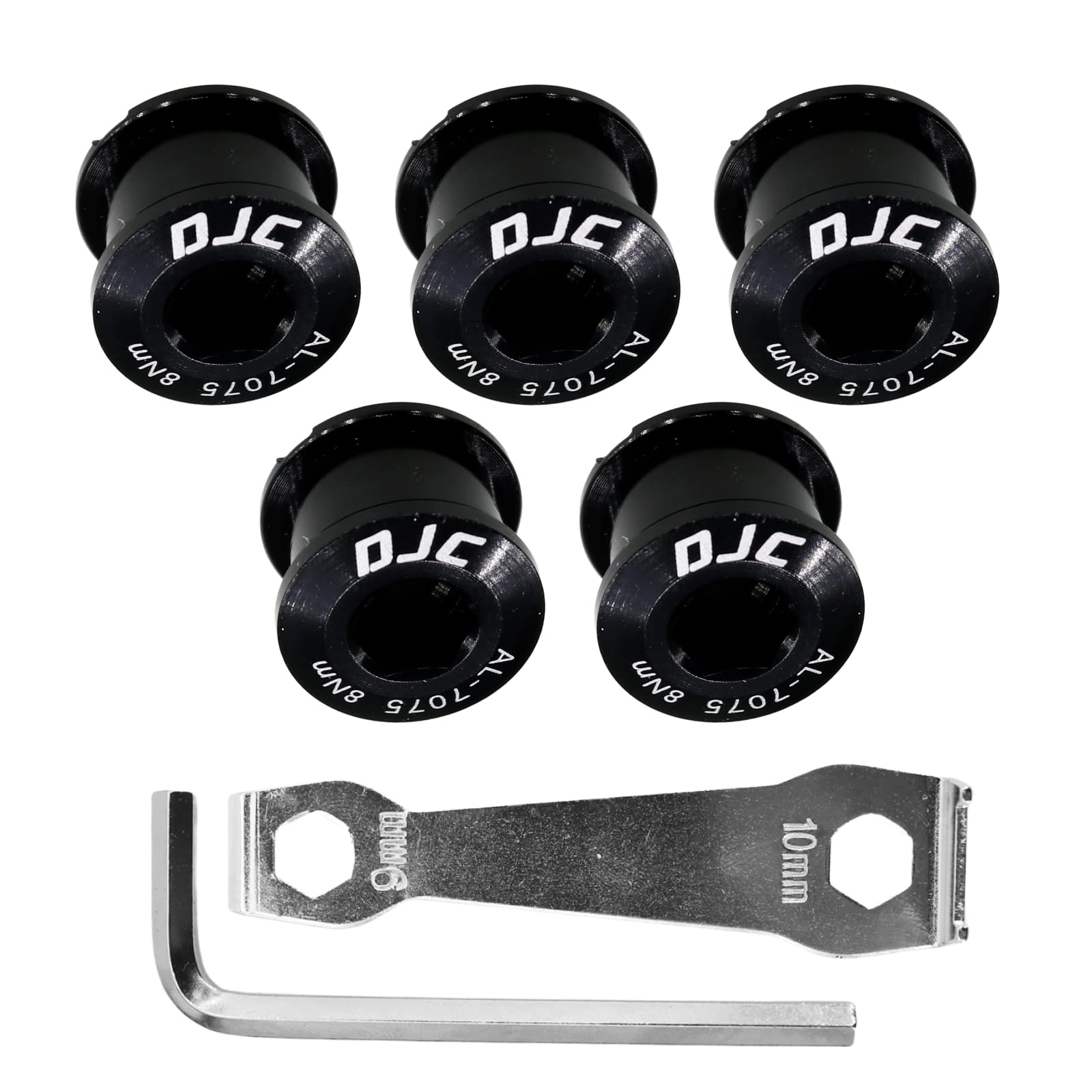 DJC Components Bike Chainring Bolts Aluminum 5pcs in Pack, with M5 hex Wrench and Install Tool Wrench (Aluminum Black, Double Chainring Bolts)