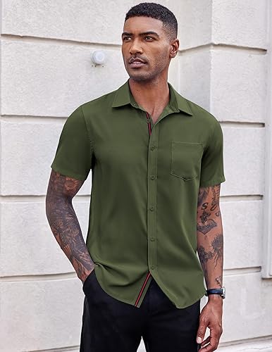 Miniatura 2 de COOFANDY Camisas casuales con botones para hombre, camisa de vestir de manga corta elástica con bolsillo