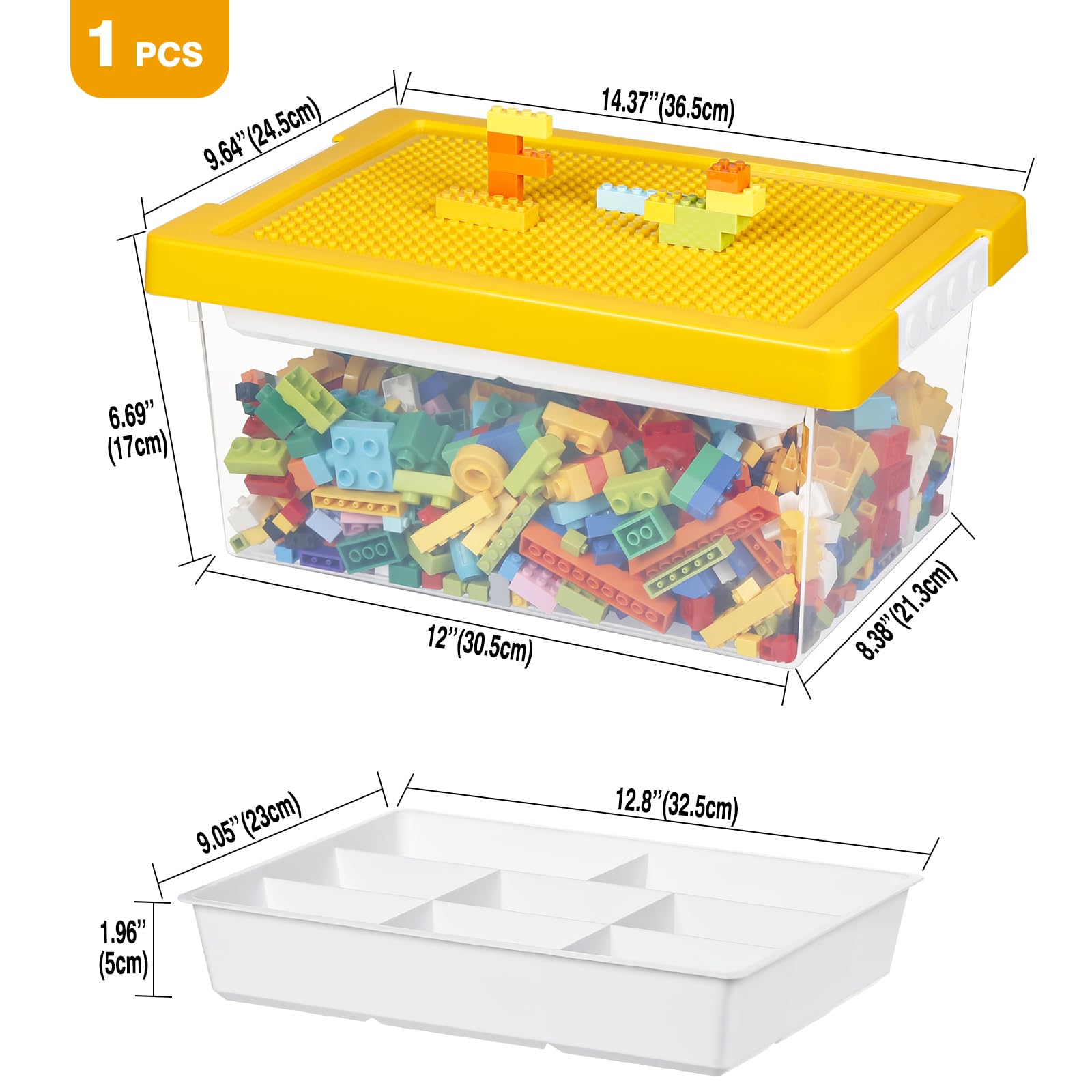 Greentainer Aufbewahrungsbox Spielzeug mit Deckel & AbnehmbaresTablett,3er Spielzeug Box aus PP,Aufbewahrungskorb Kinder,Spielzeugkiste für Kinderzimmer Aufbewahrungsbehälter für Blöcke(Gelb)