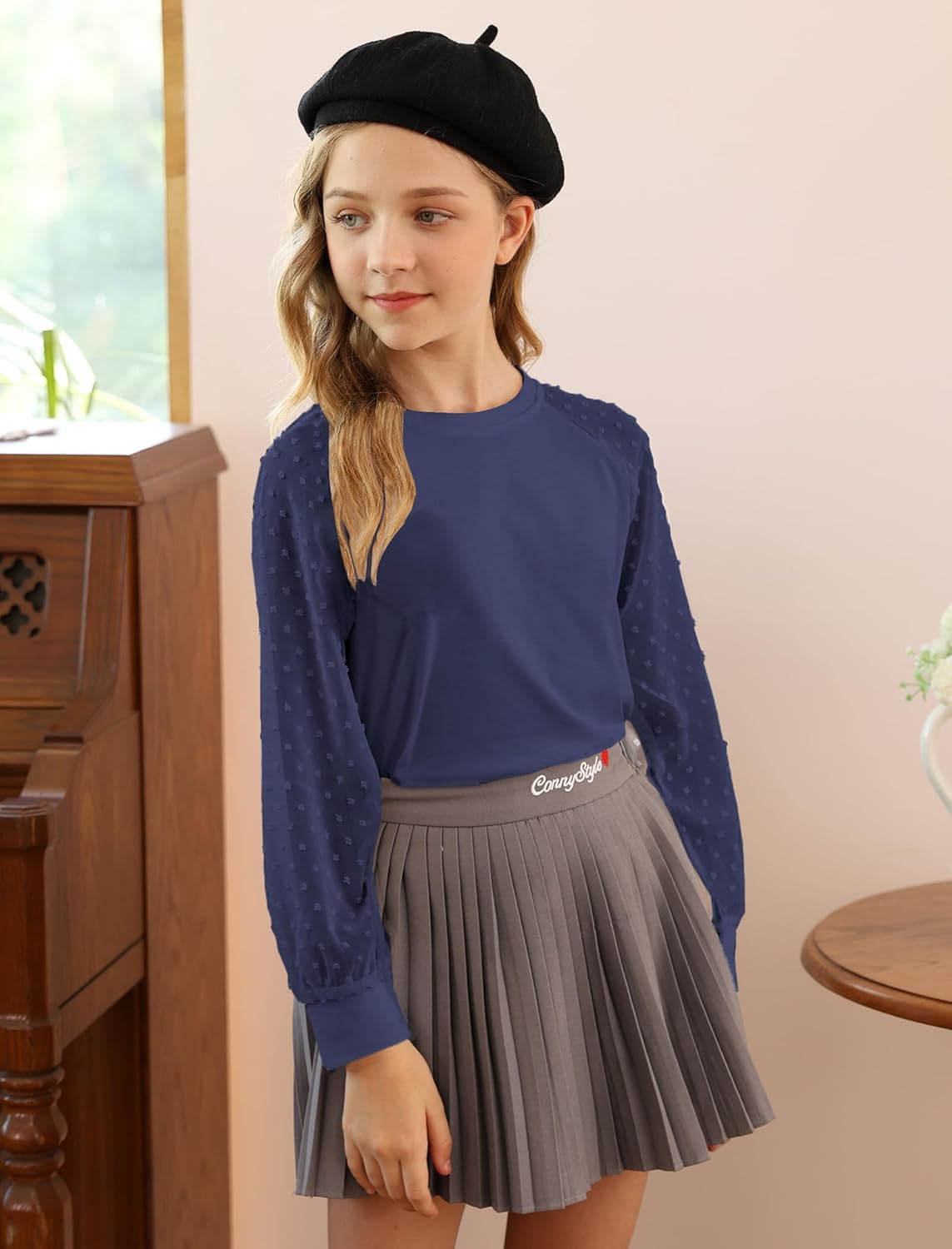 Yekaty Girls Shirts Casual Solid Color Crewneck Blouses Soft Long Sleeve Swiss Dots Chiffon Tops - Image 2