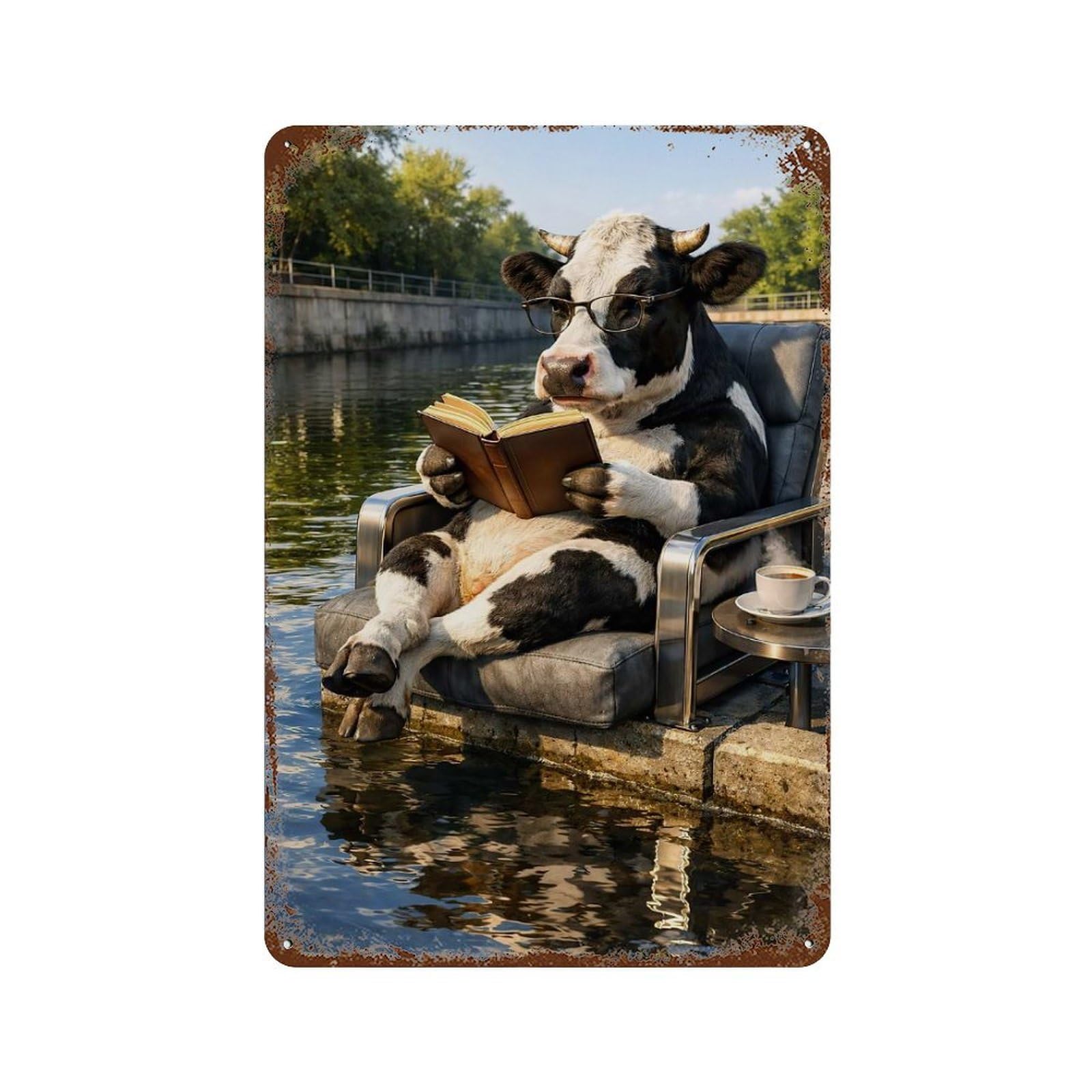 Cow Reading Book by The River Retro Metal Sign 11.8"x7.9", for Bistro, Counter And Cafe Decor, Rustic Home Decor