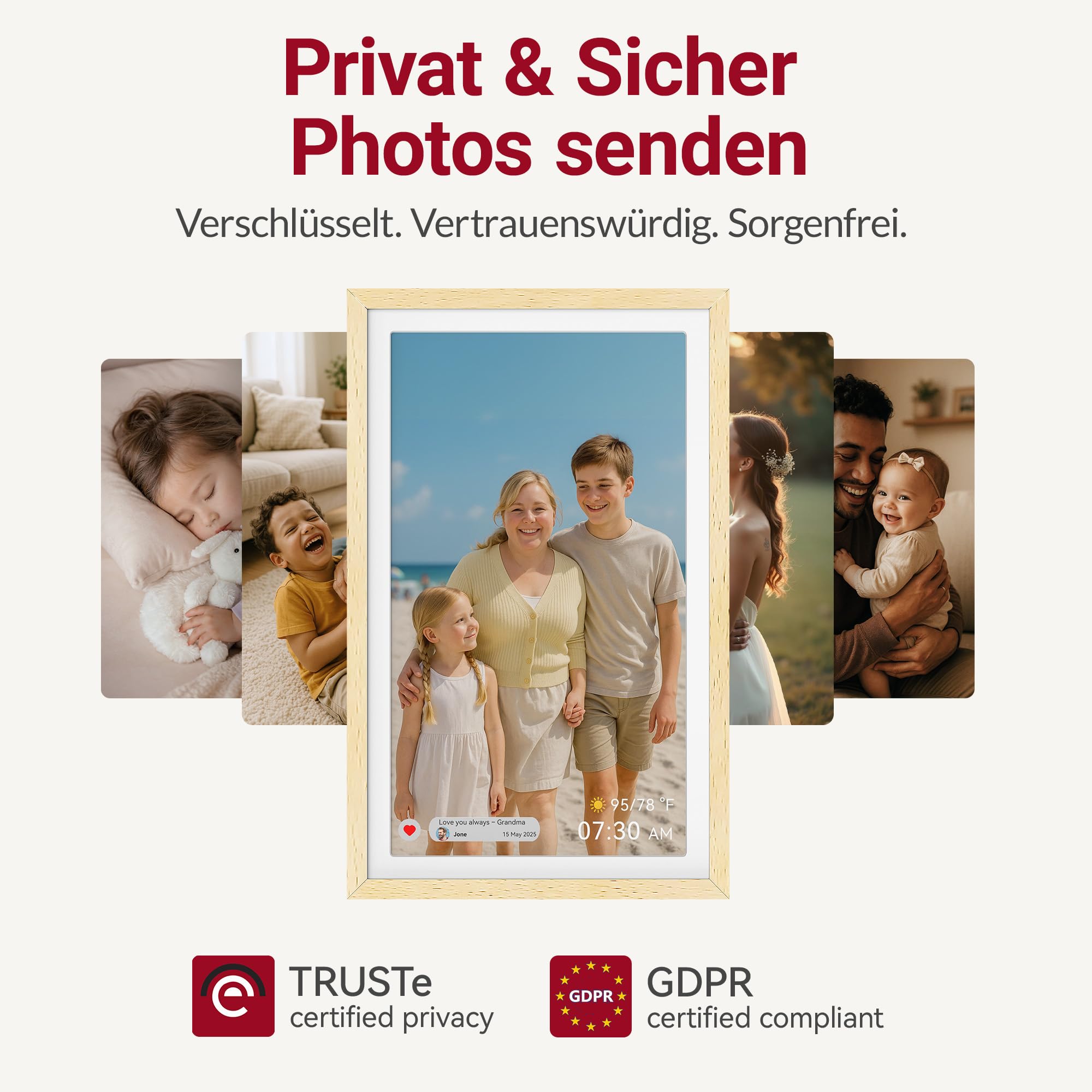 XORO 15 Zoll WiFi Digitale Bilderrahmen, 1920x1080 Full HD 1080P IPS Touch Display, 32GB Speicher, Automatische Rotation, Buchenholz, Teilen Sie Fotos sofort von überall aus