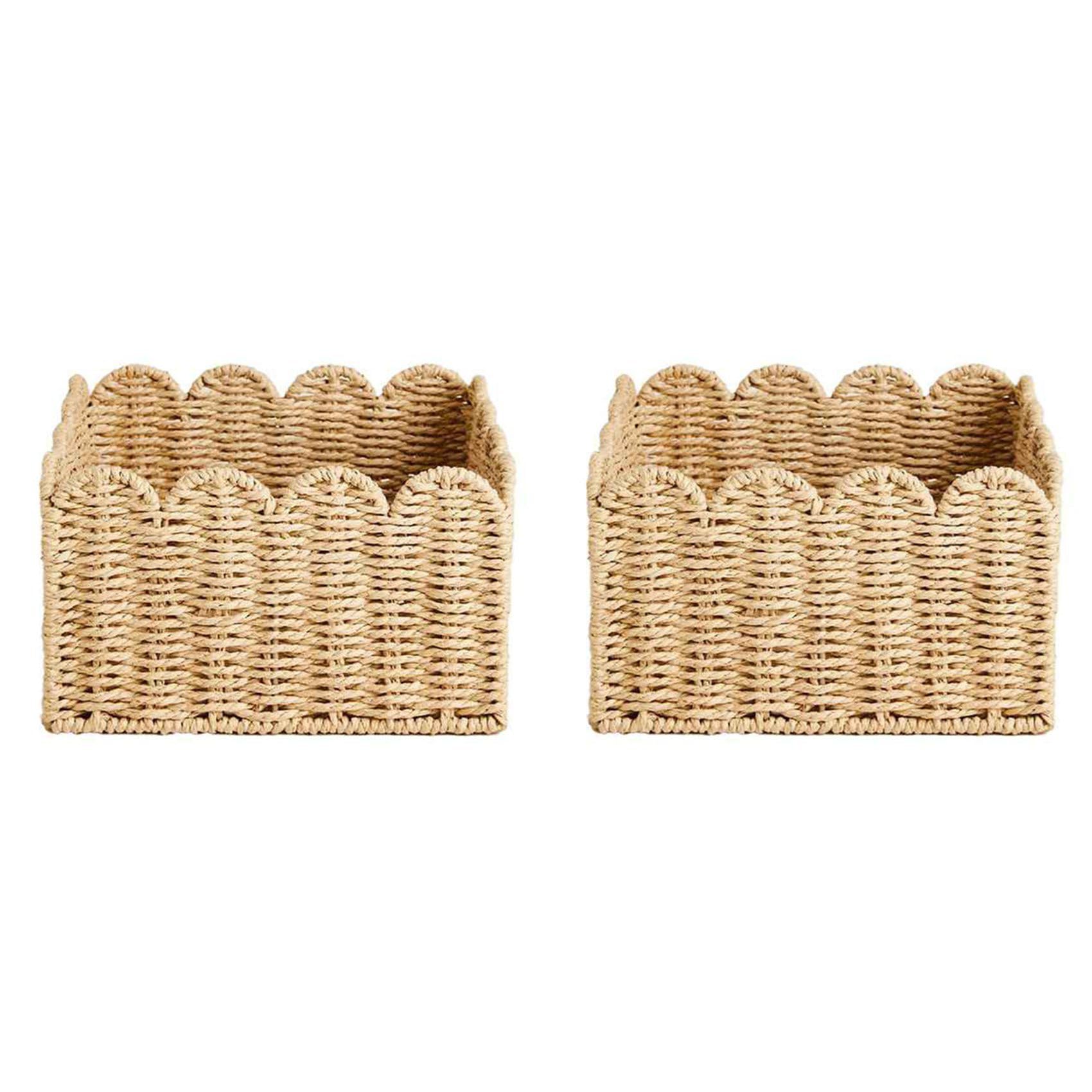 Hndhbfgrt 2X Scalloped Edge Basket, Wicker Storage Baskets,Handwoven Organizing Baskets for Shelves, Paper Rope Design