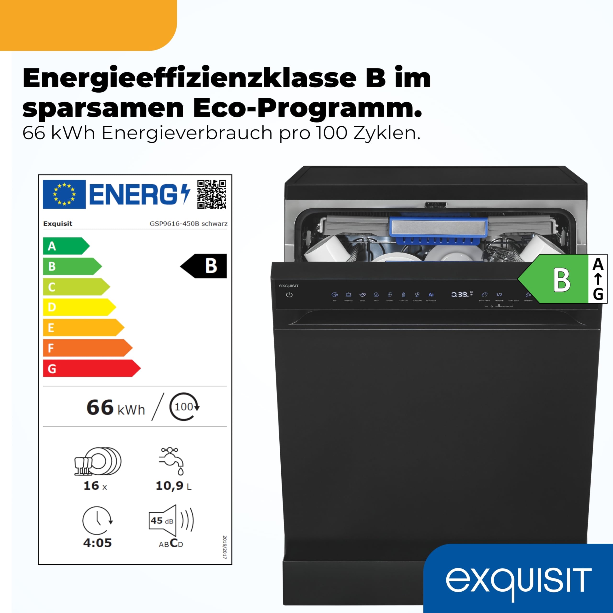 Exquisit Geschirrspüler | 60cm Breite, 16 Gedecke, Energieklasse B, 45 dB | 8 Programme, Auto-Programm, Selbstreinigung, Extra-Trocknung, Hygiene, Startzeitverzögerung Aquastop | GSP9616-450B schwarz