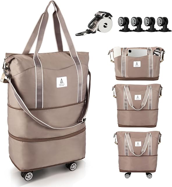 Arxus Carry On Luggage for Airplane, Rolling Duffle Bag with Detachable Wheels and Adjustable Shoulder Strap, Expandable Foldable Wheeled Travel Bag with Suitcase Sleeve for Women, Weekender 25L-55L | with Spinner Wheels
