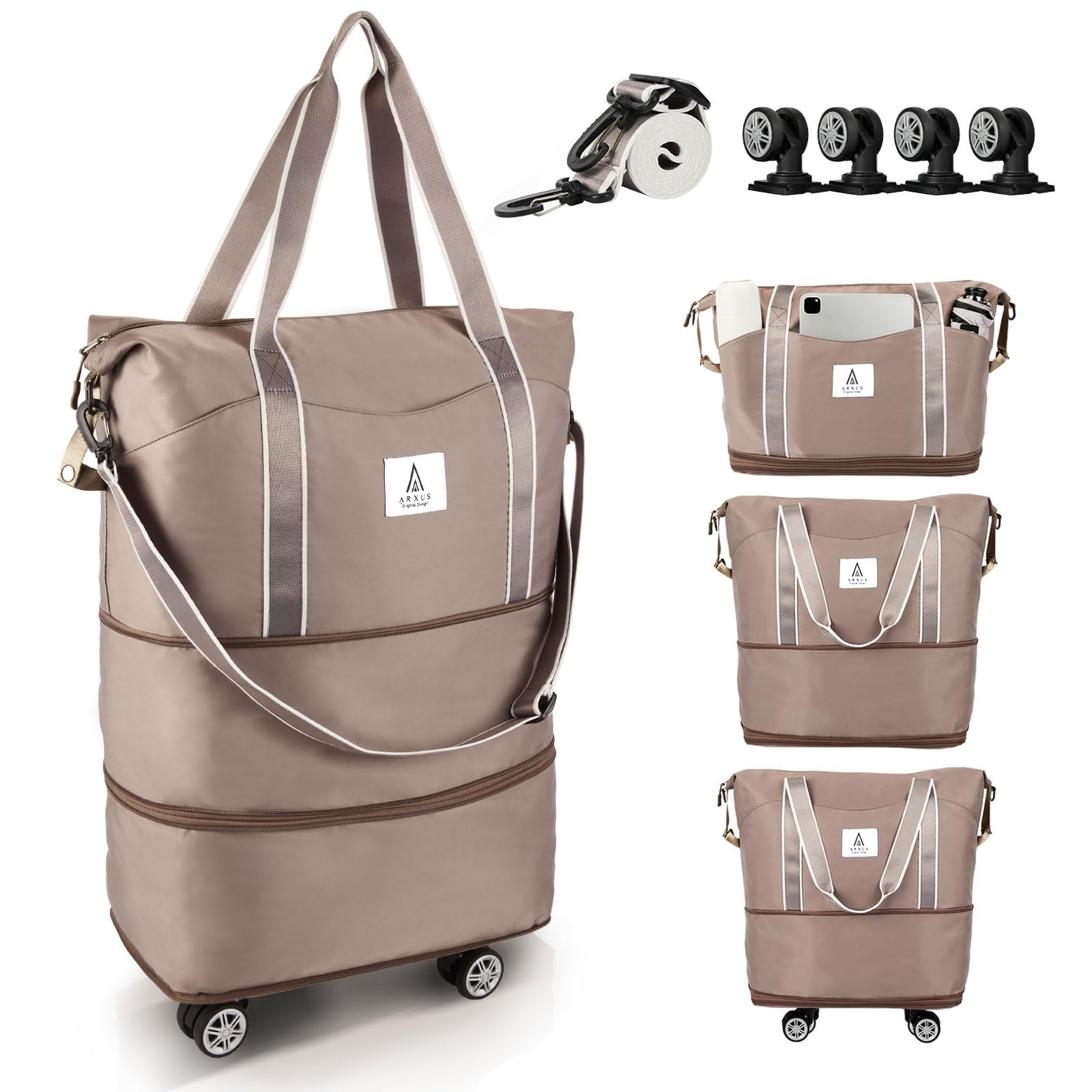 ArxusRolling Duffle Bag with Detachable Wheels and Adjustable Shoulder  Strap, Large Expandable Foldable Carry On Luggage Bag with Handle and  Suitcase