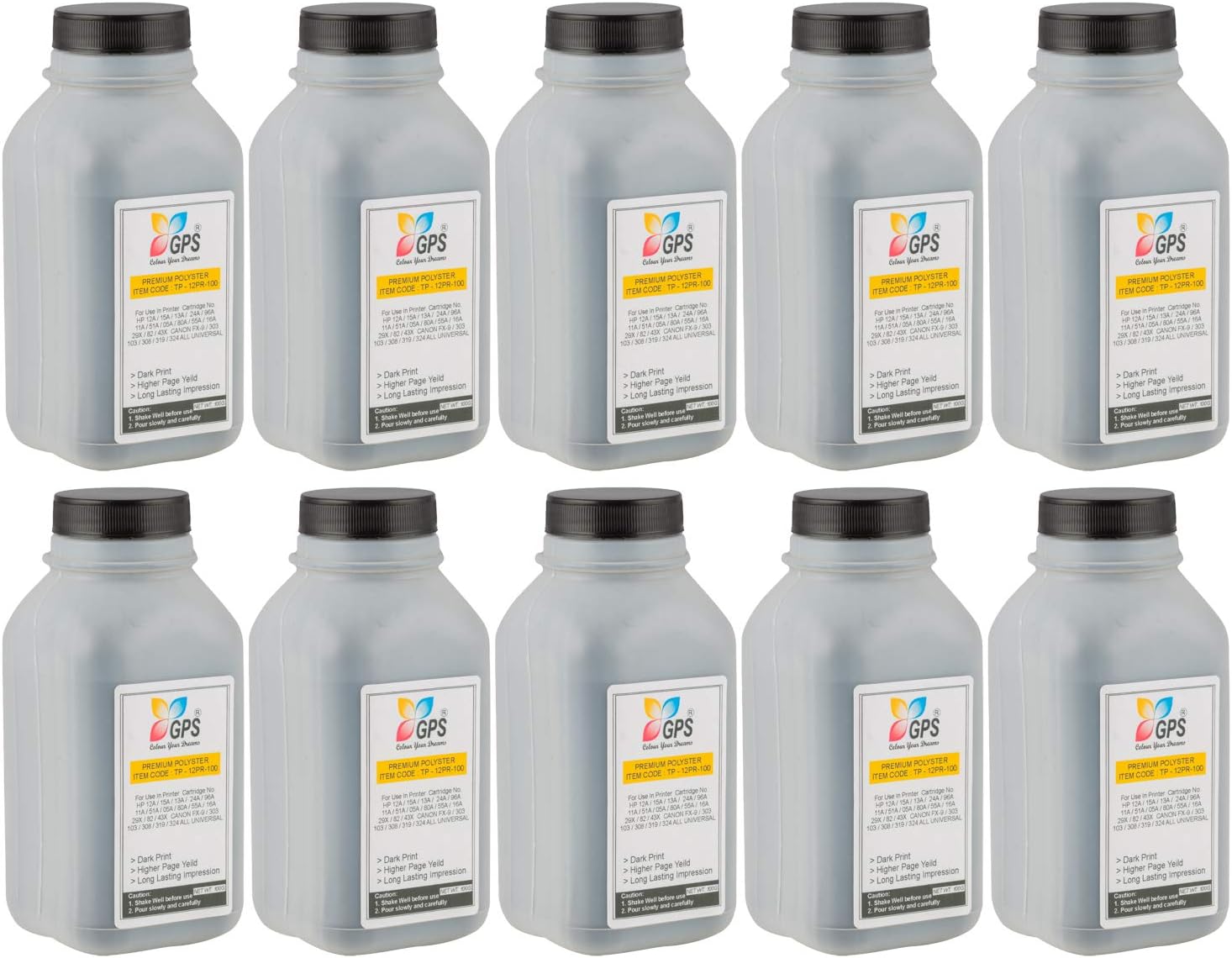 GPS Colour Your Dreams Refill Toner Powder for HP Cartridge Model 12A/15A/49A/53A/05A/80A/55A/42A/51A/96A/16A/82X/43X (Pack of 10)