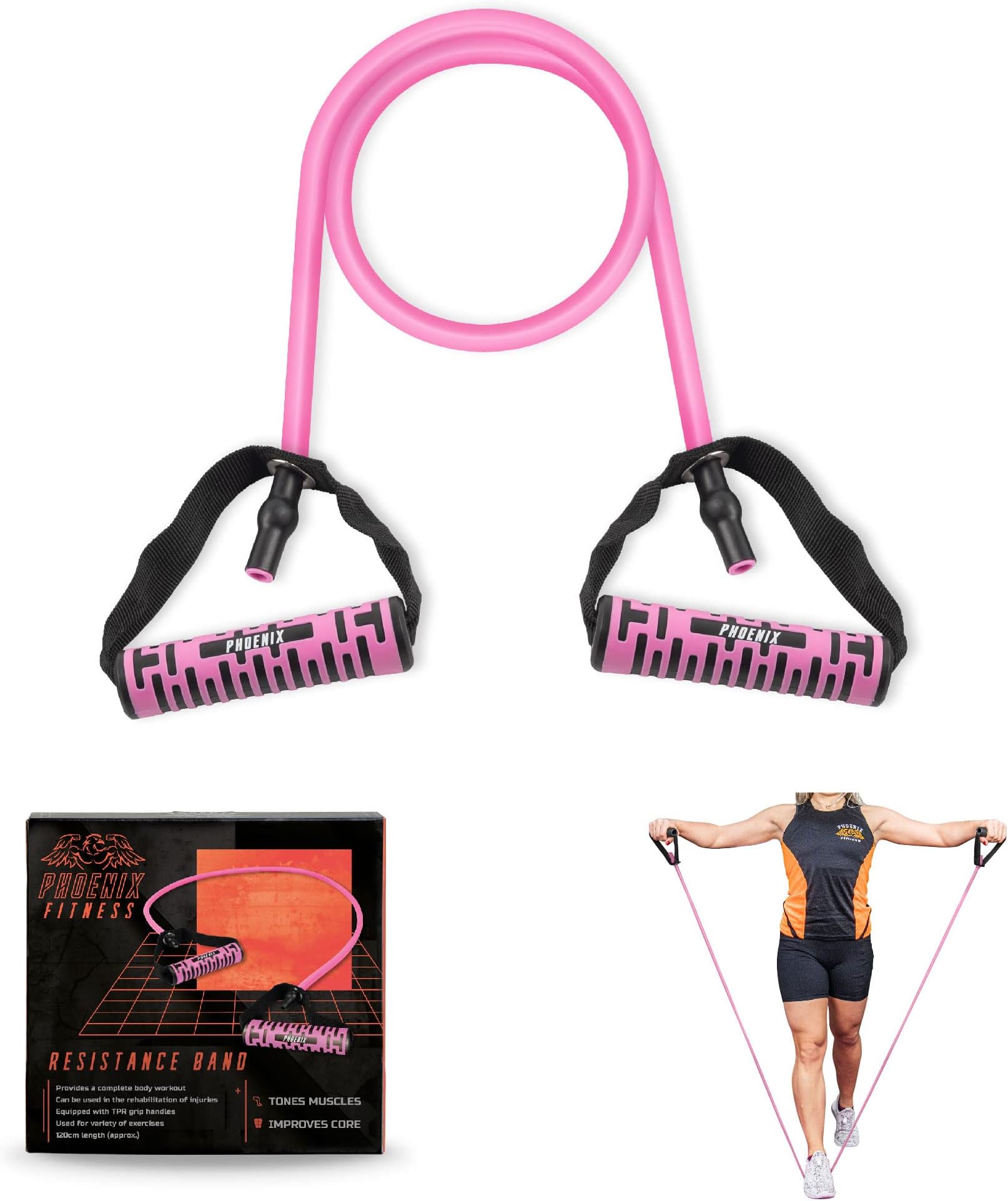 Phoenix Fitness Resistance Band with Handles - Resistance Tube for Men and Women - Exercise Stretch Bands for Strength Training Home & Gym Equipment - Choice of Resistance: Light Medium or Strong