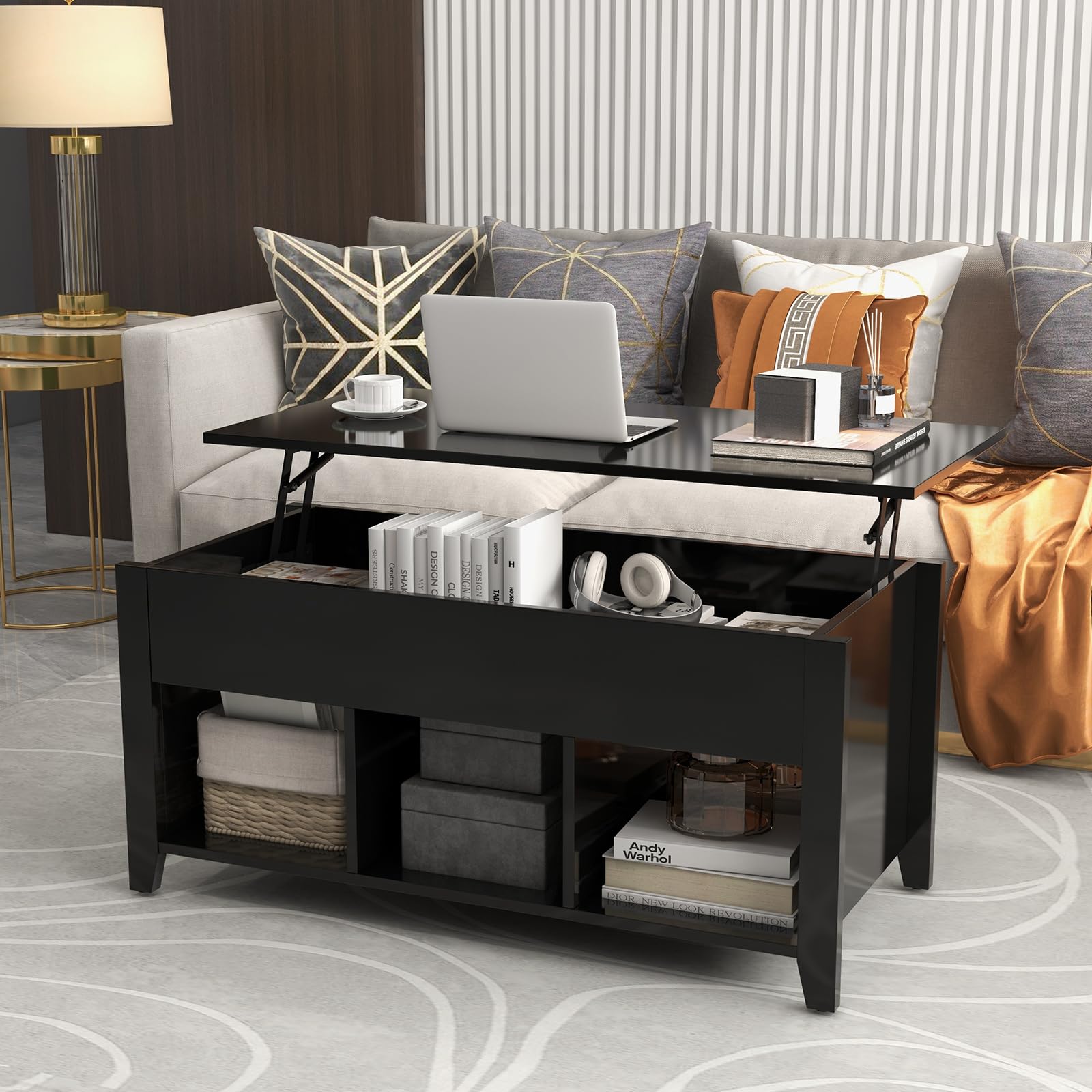 GOPLUS Mesa de Centro Elevable, Mesa Baja Café con Compartimento Oculto y 3 Compartimentos de Almacenamiento, Decorativo para Salón y Oficina (105x52x63 cm, Negro)