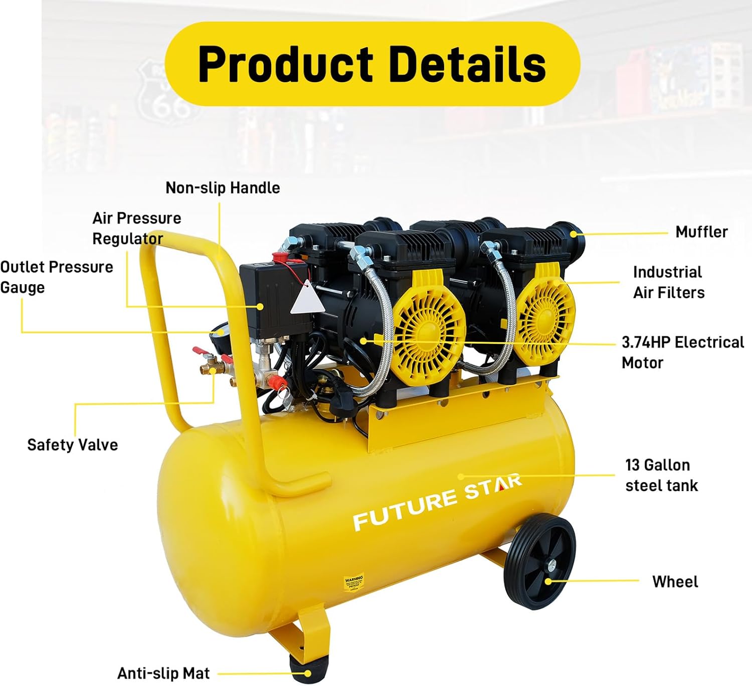 13 Gallon Ultra Quiet Air Compressor with Wheels, Oil-Free Portable Horizontal Tank, 70dB 3.74HP 6CFM 115PSI, for Auto Repair, Tire Inflation, Spray Painting, Woodwork Nailing