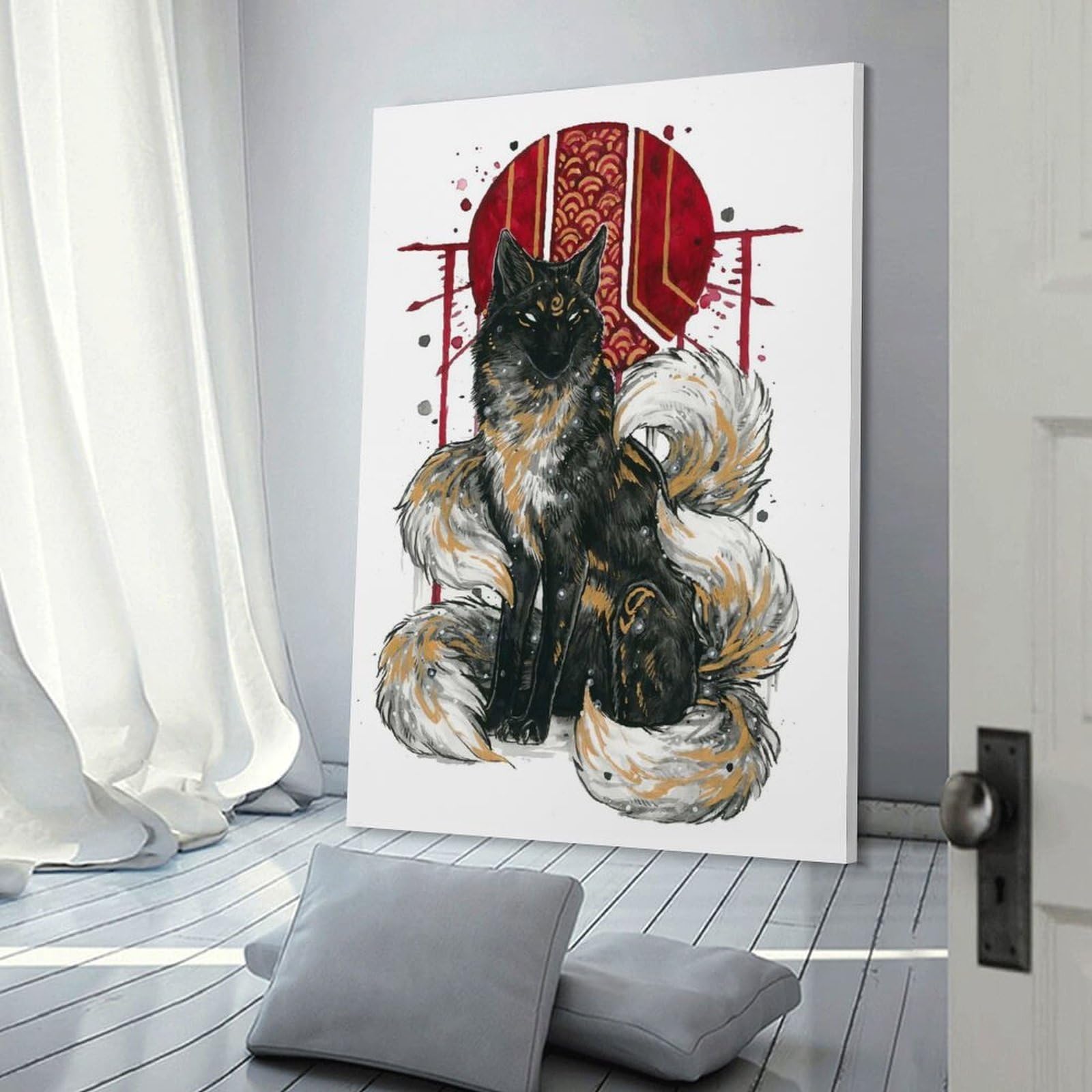 Junmoney Kitsune Canvas Wall Picture, 24x36inch(60x90cm), for Front Hall, Corridor Or Welcome Spaces, Wall Decor to Refresh Empty Corners
