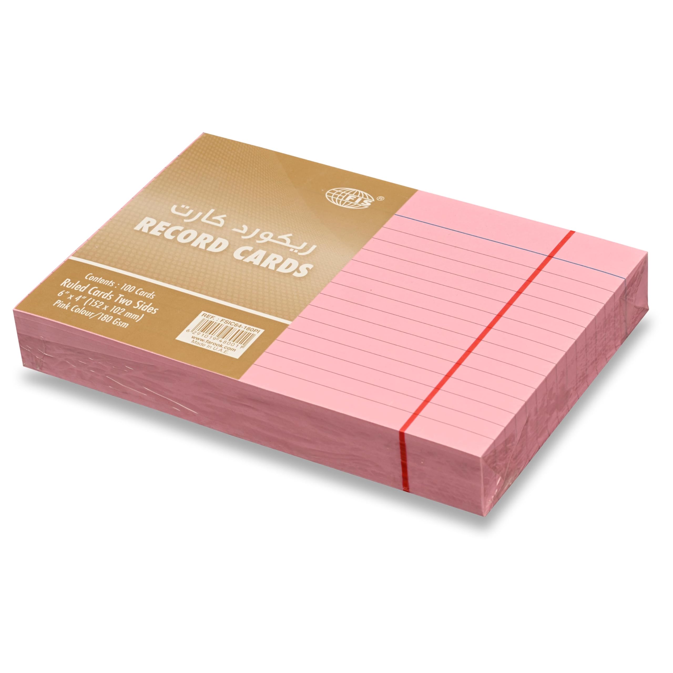 FIS® Record Cards, Size: 152.4x101.6mm, (6”x4” Inches), Paper Weight 180gsm, Single Ruled Both Sides, Pink Color- FSIC64-180PI