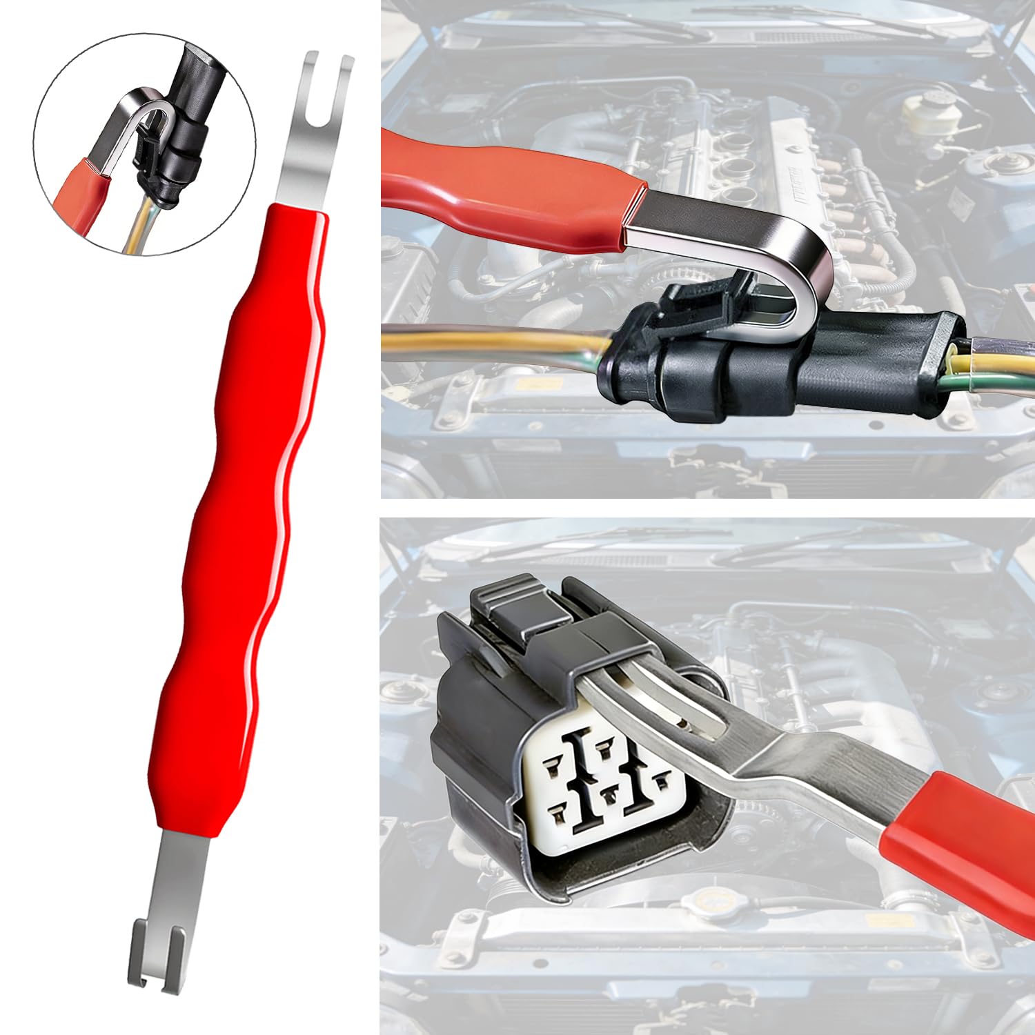 Juego de herramientas de desconexión de conector eléctrico: alicates rectos y en ángulo de 60°, herramienta separadora de doble extremo y alicates de abrazadera de manguera de cuello Clic/Clic-R para